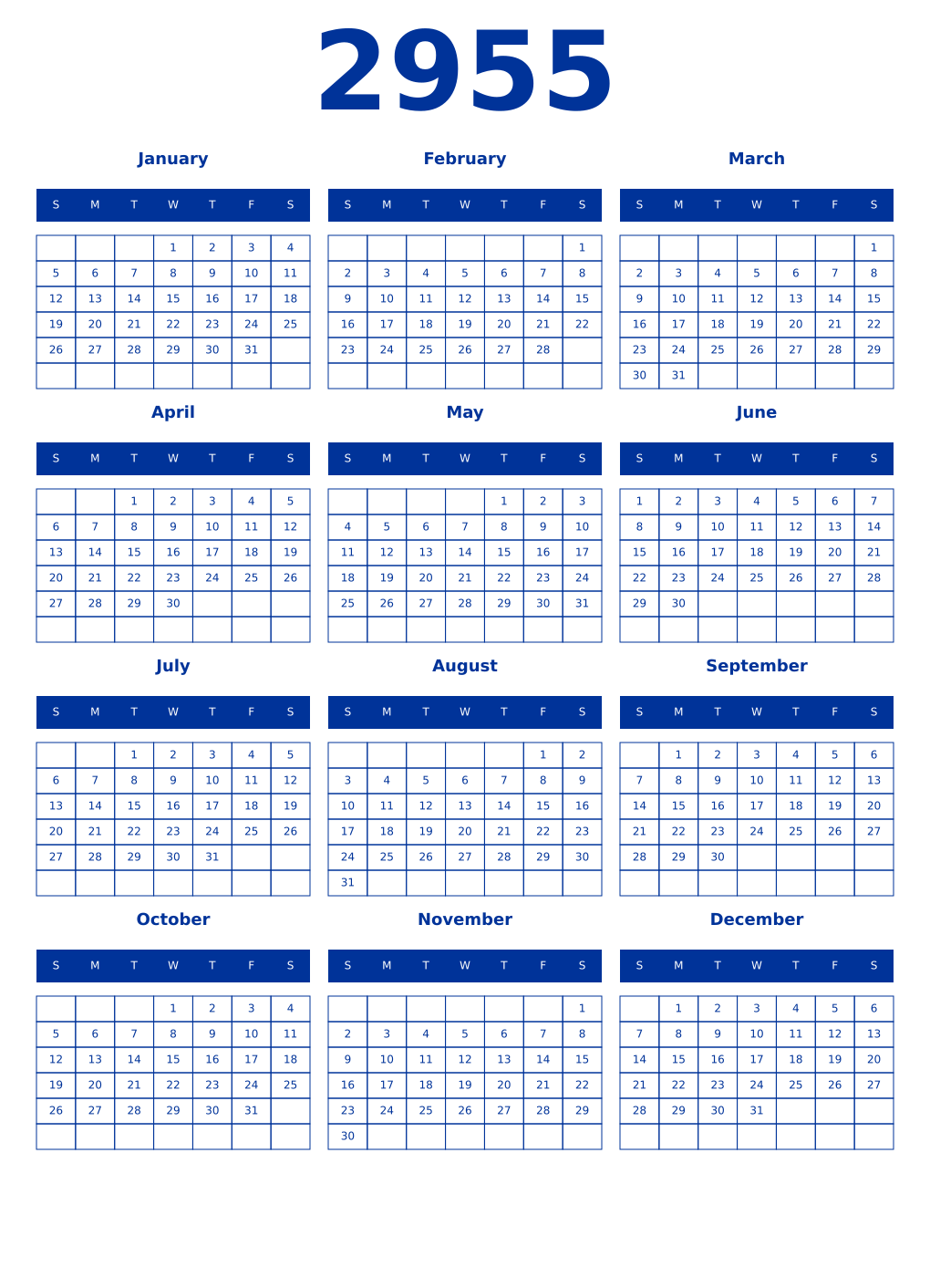 Printable 2955 Year Calendars smalt