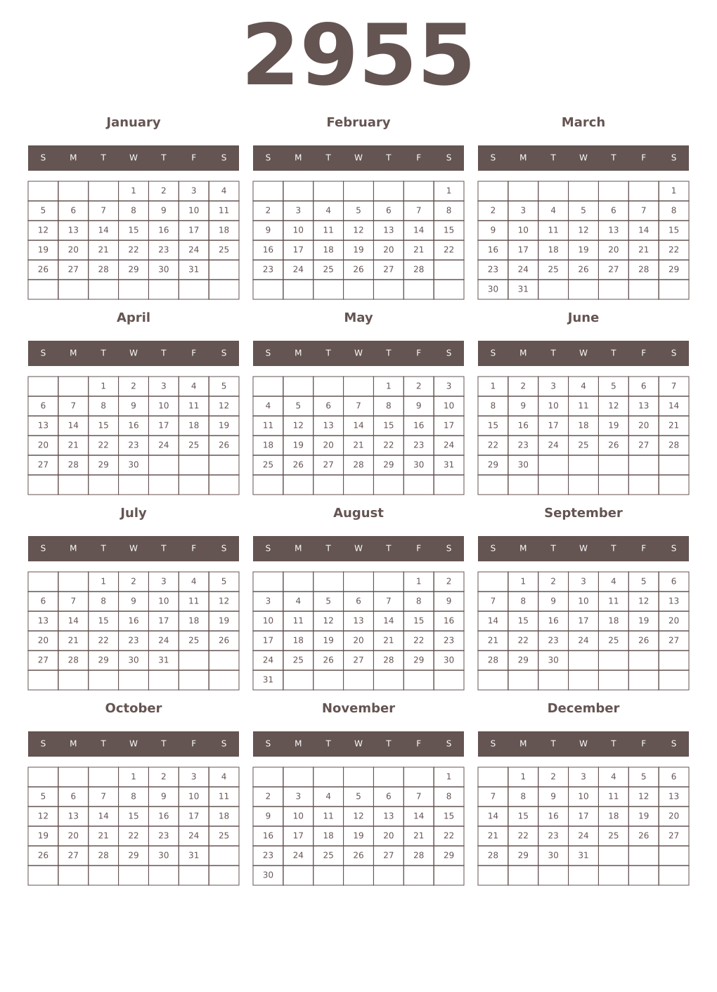 Printable 2955 Year Calendars wenge