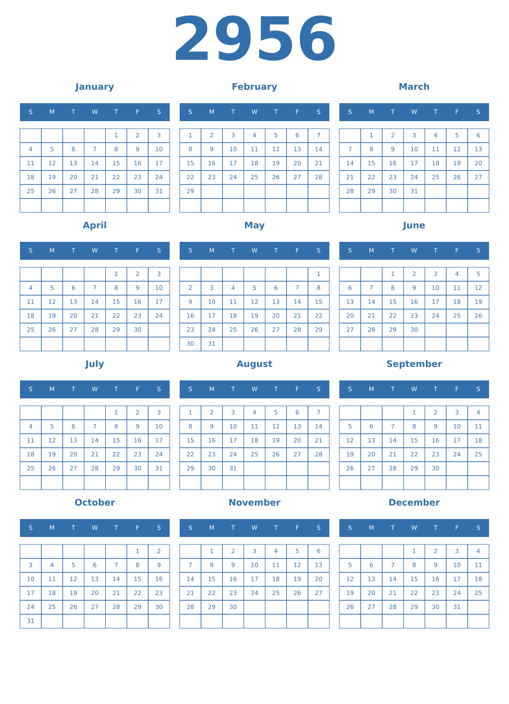 Printable 2956 Year Calendars blue