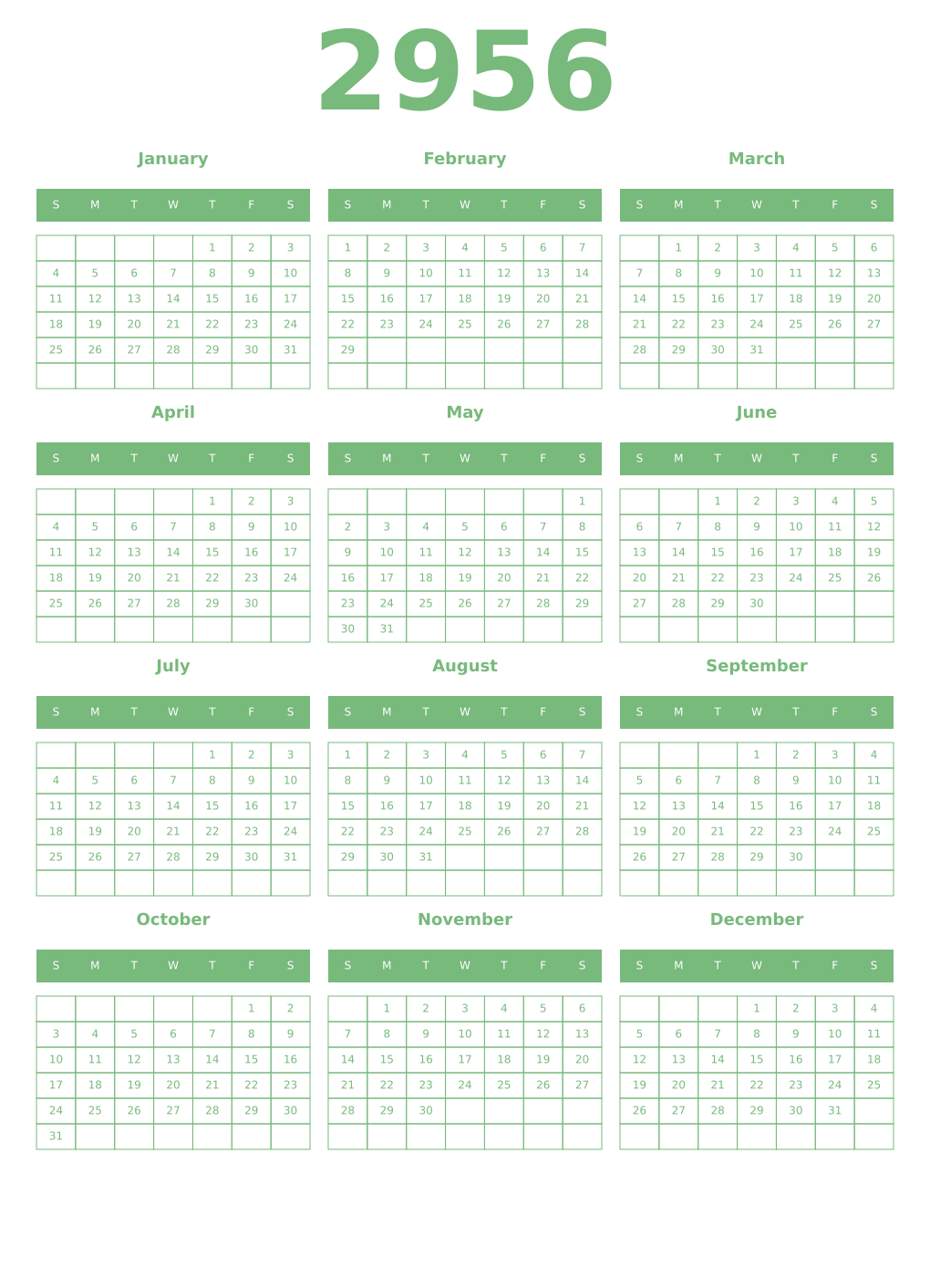 Printable 2956 Year Calendars celadon
