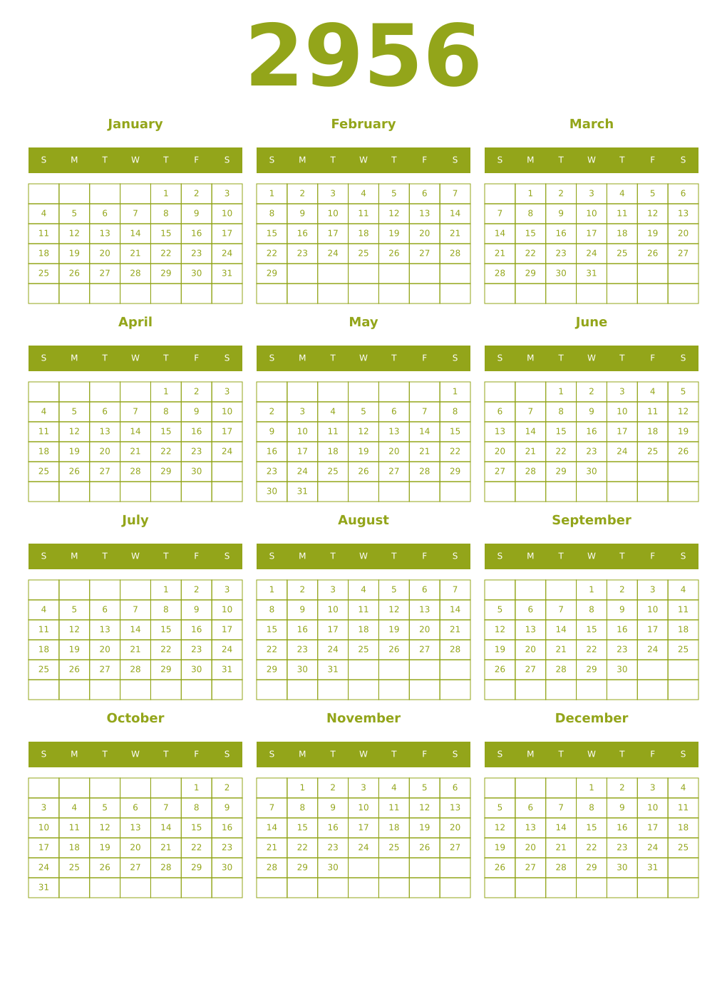 Printable 2956 Year Calendars chartreuse