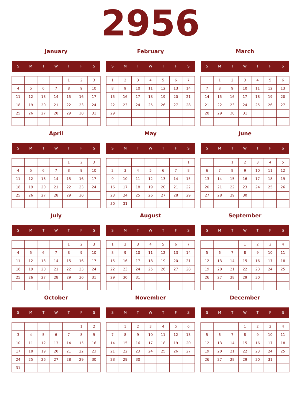 Printable 2956 Year Calendars falu