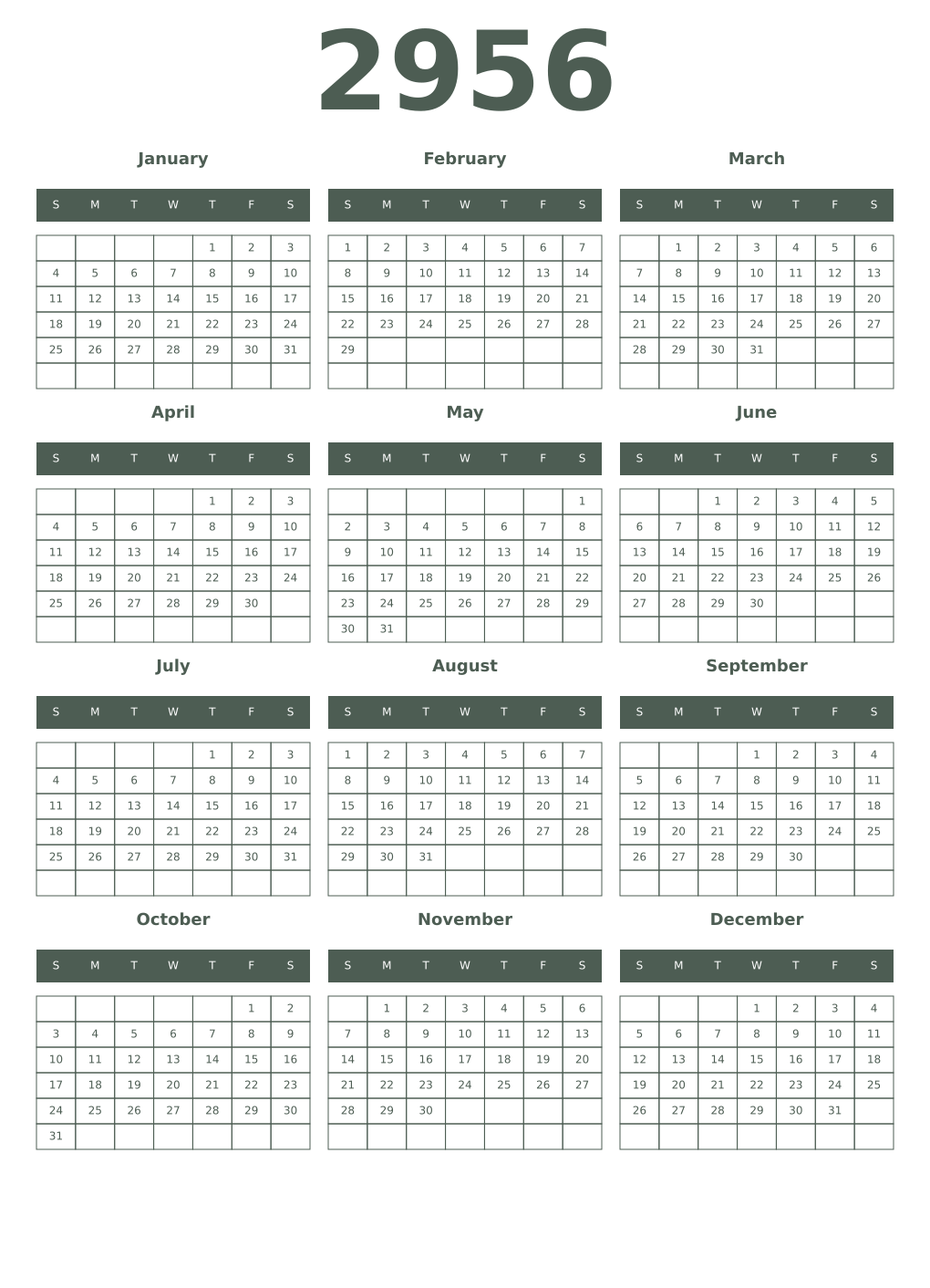 Printable 2956 Year Calendars feldgrau