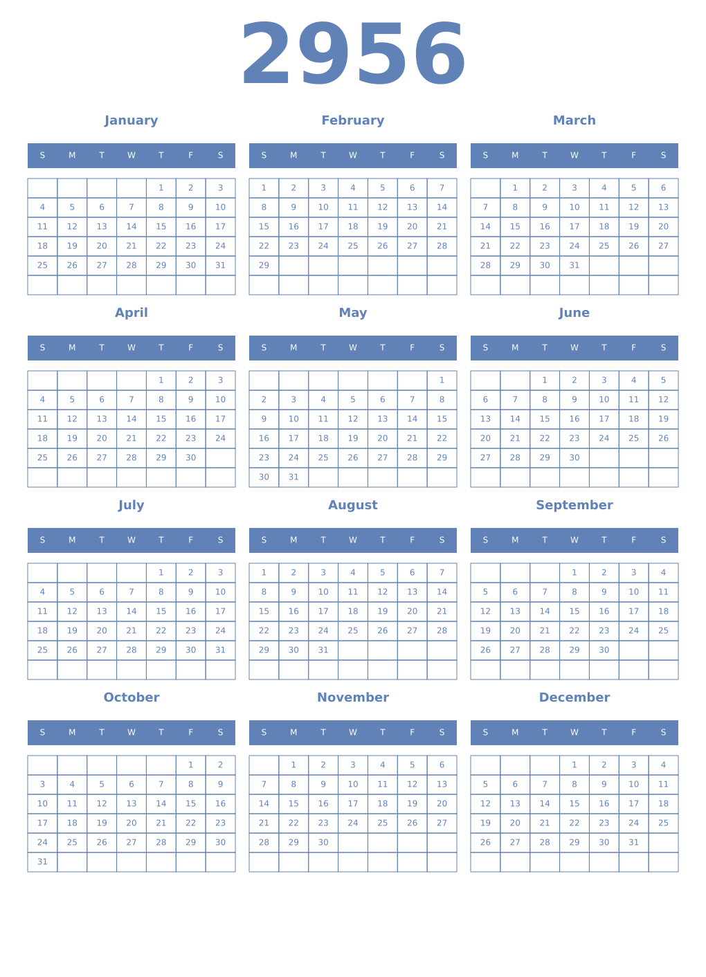 Printable 2956 Year Calendars glaucous
