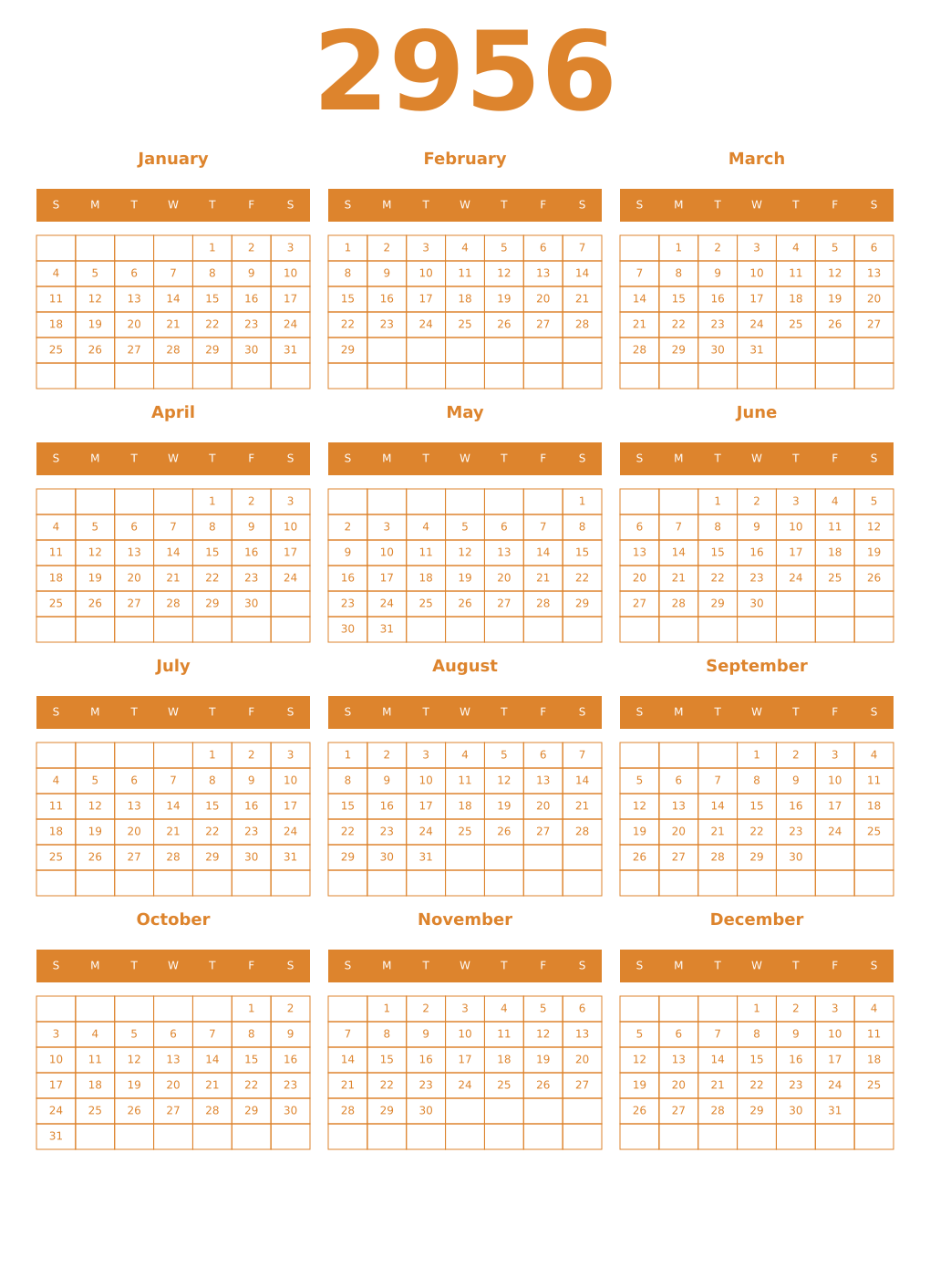 Printable 2956 Year Calendars orange