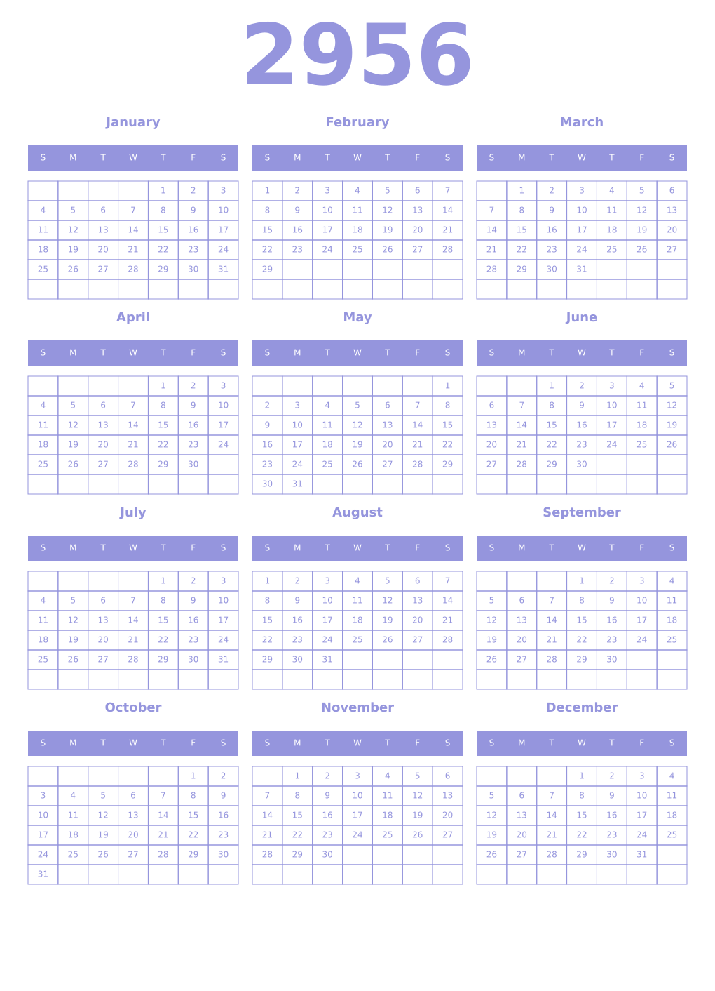 Printable 2956 Year Calendars periwinkle