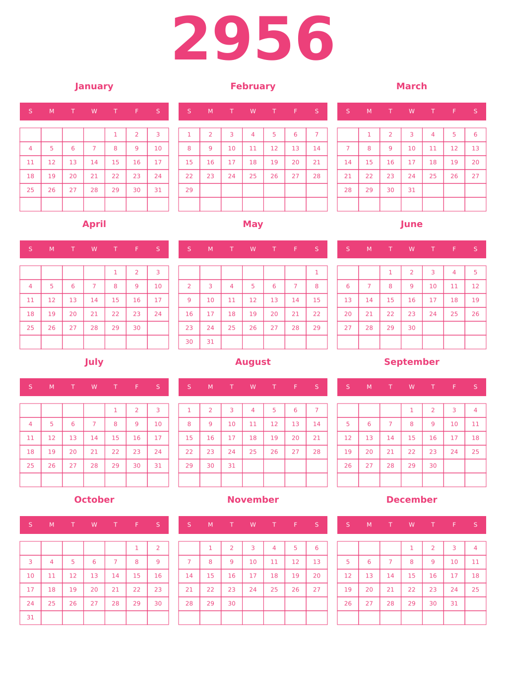 Printable 2956 Year Calendars pink