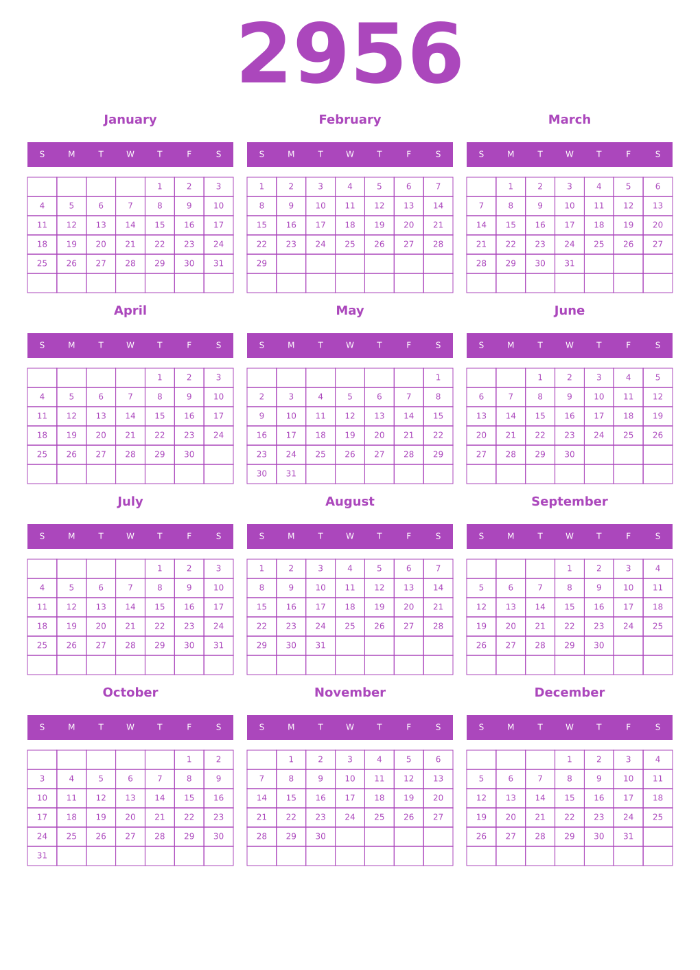 Printable 2956 Year Calendars purple