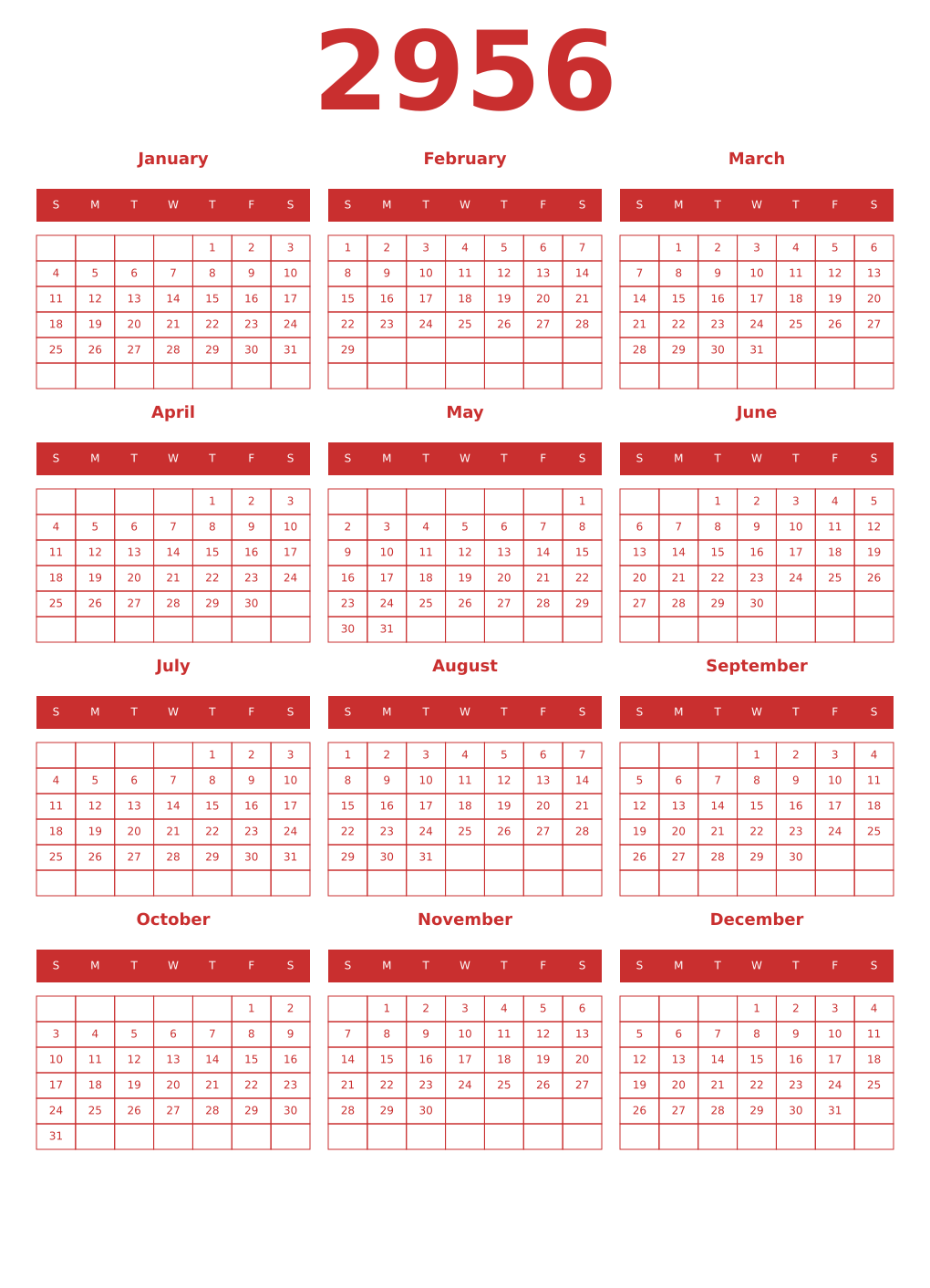 Printable 2956 Year Calendars red