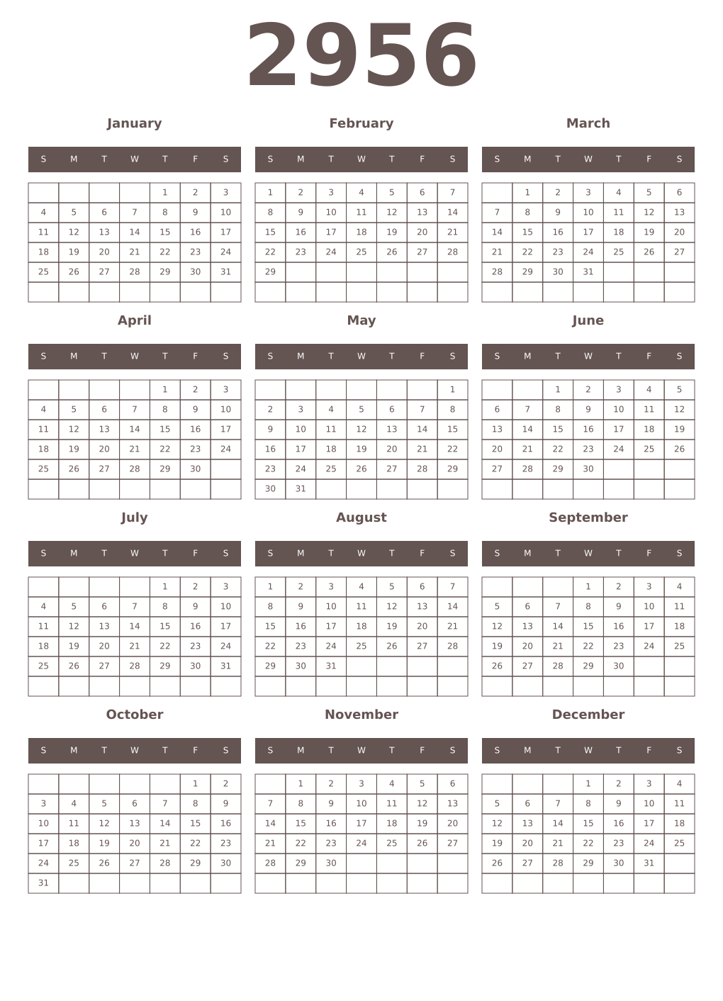Printable 2956 Year Calendars wenge