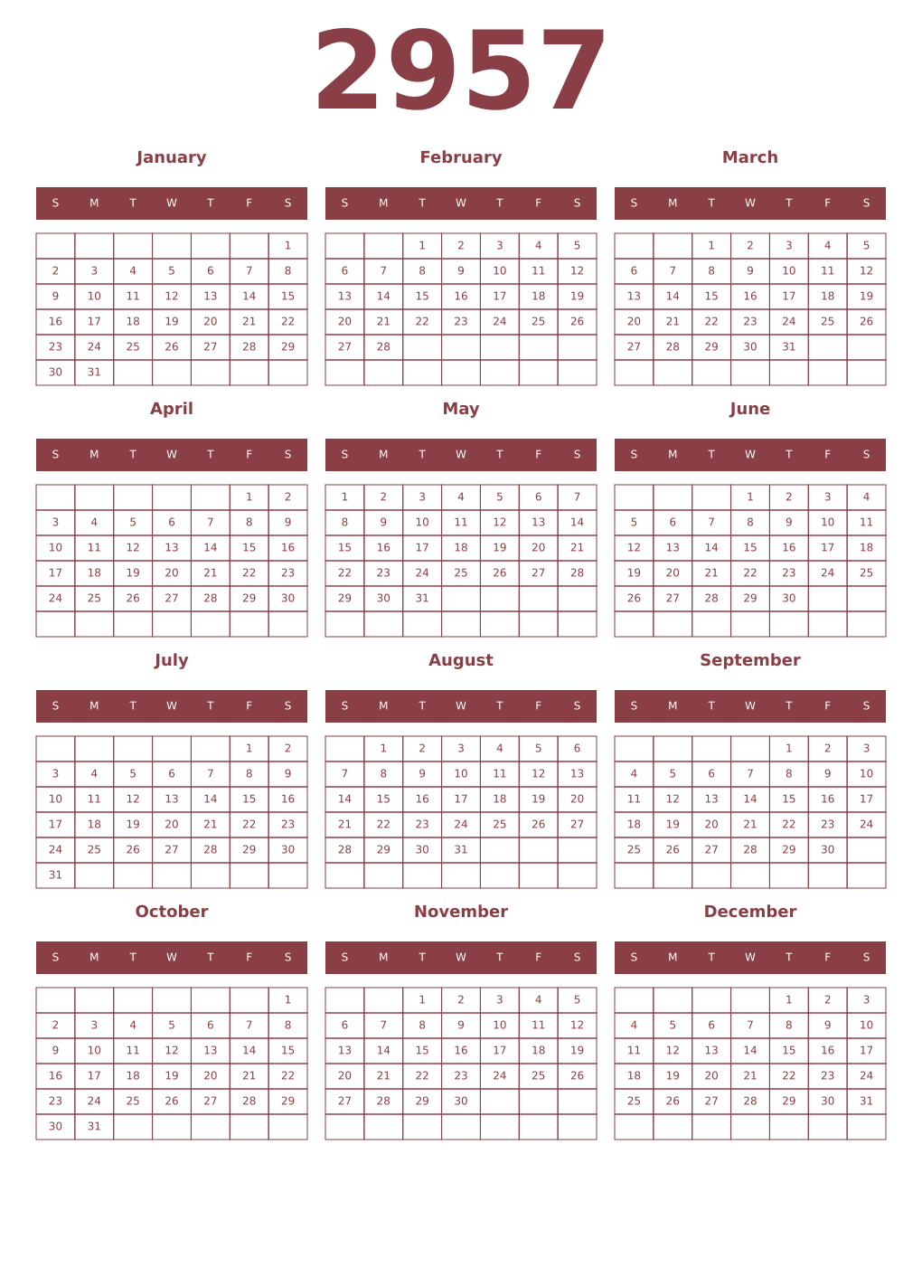 Printable 2957 Year Calendars cordovan