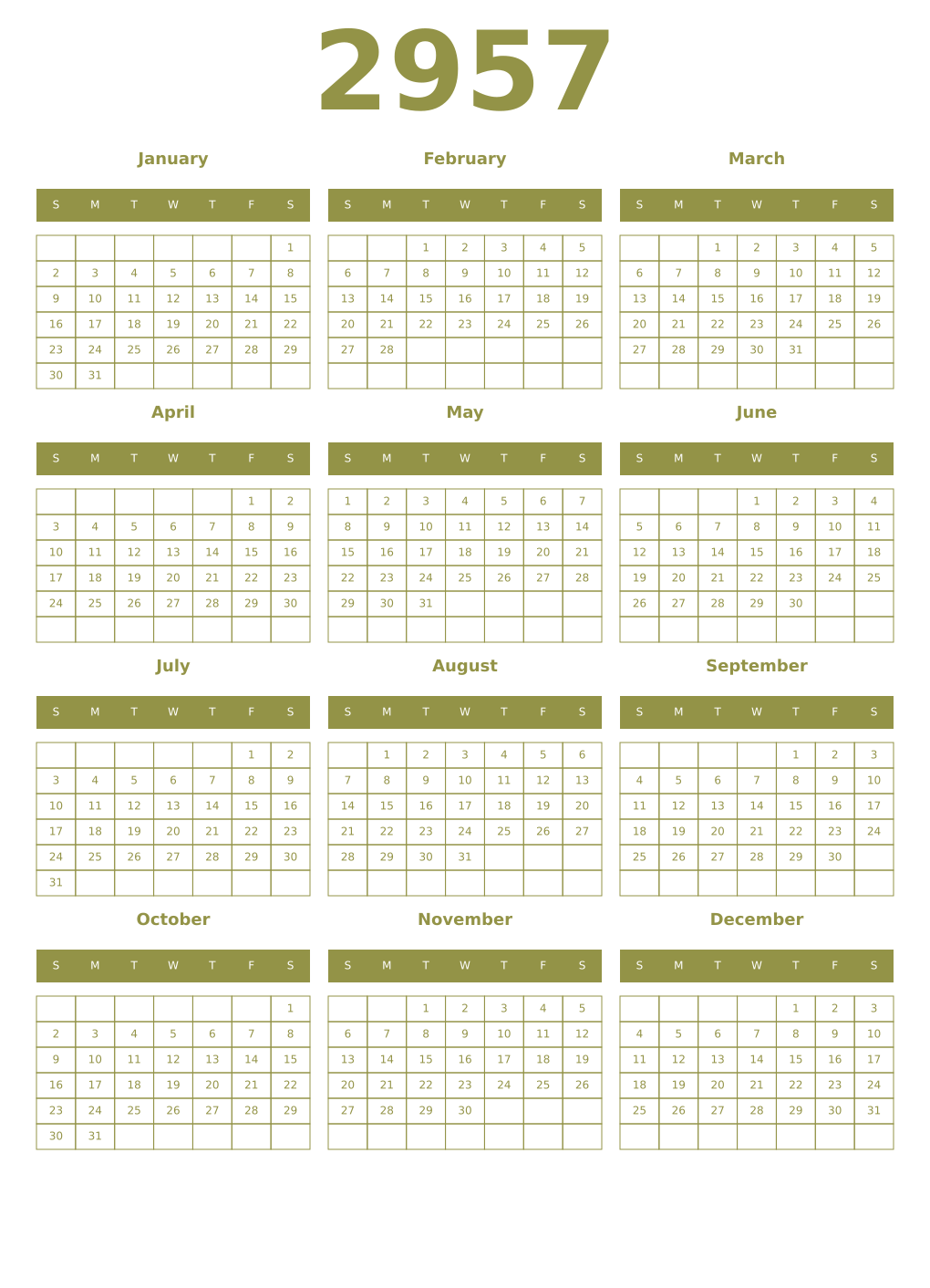 Printable 2957 Year Calendars eburnean