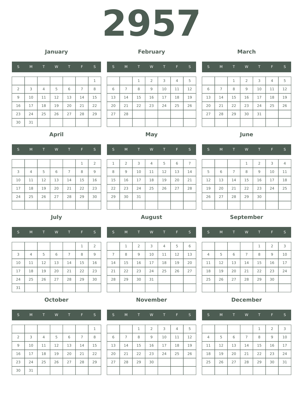 Printable 2957 Year Calendars feldgrau
