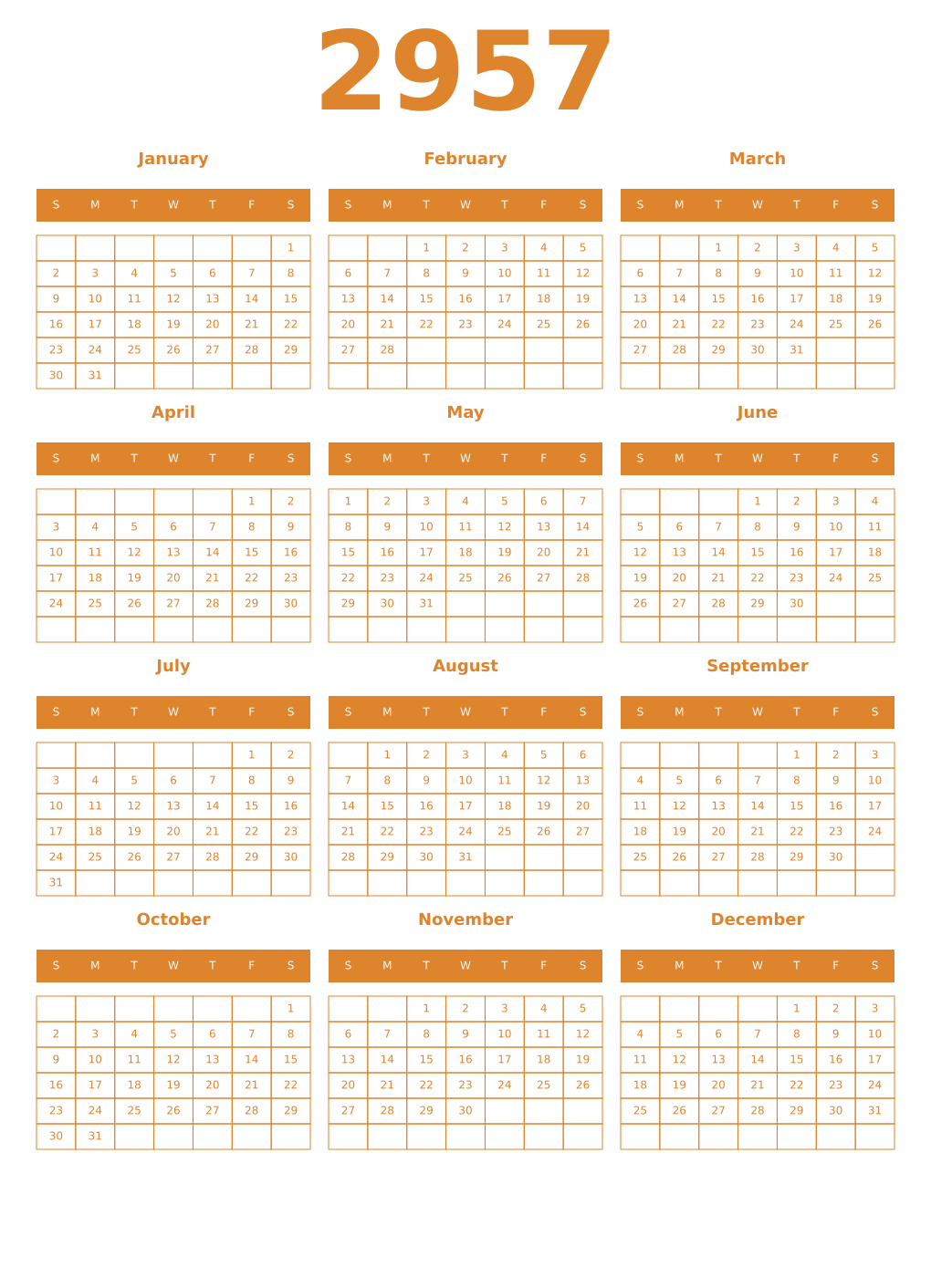 Printable 2957 Year Calendars orange