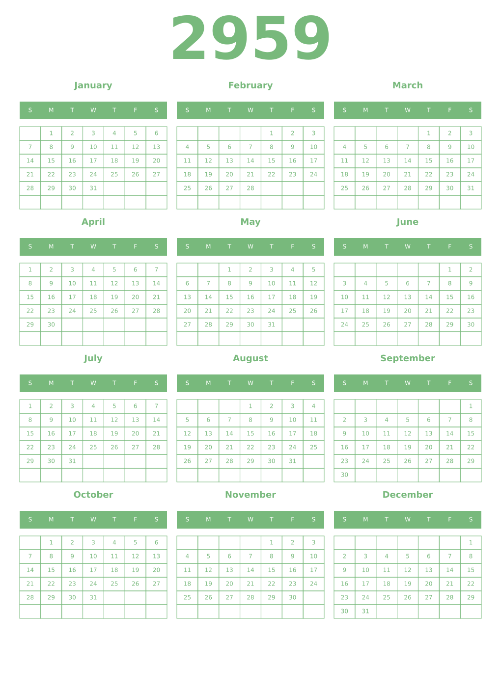 Printable 2959 Year Calendars celadon