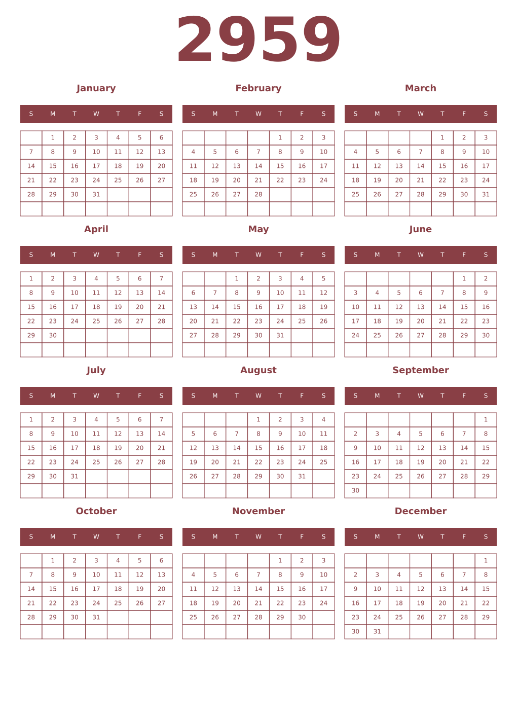 Printable 2959 Year Calendars cordovan