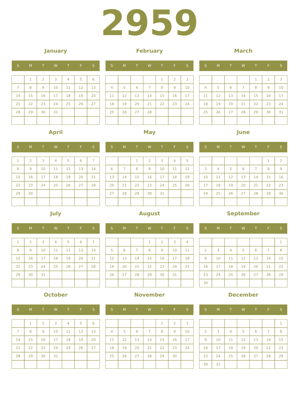 Printable 2959 Year Calendars eburnean