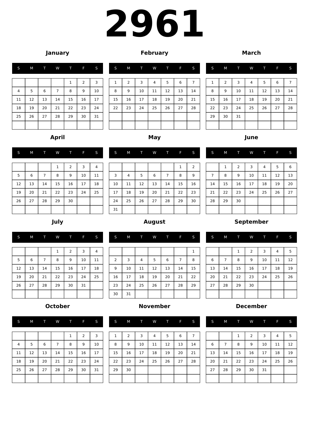 Printable 2961 Year Calendars black