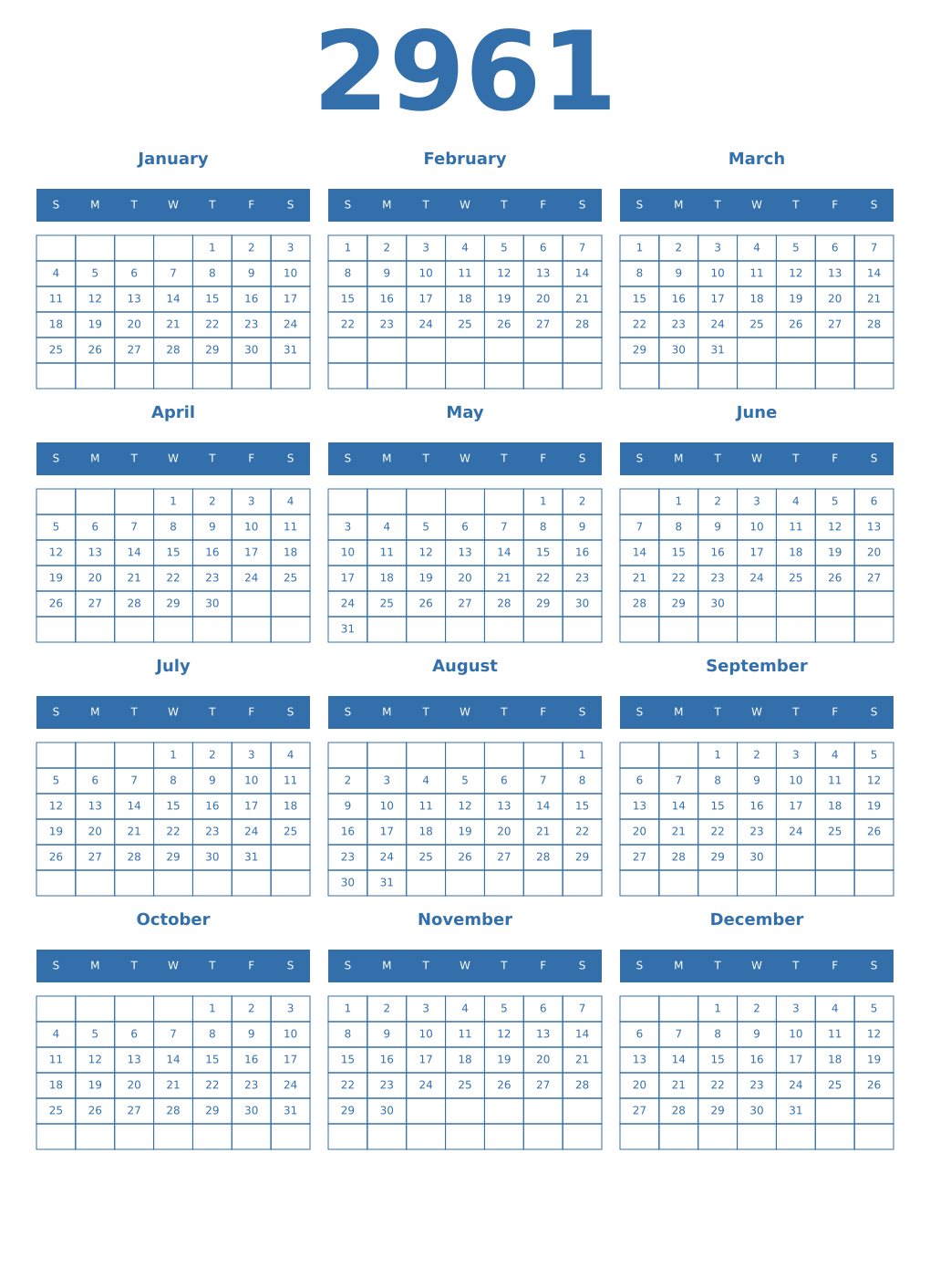Printable 2961 Year Calendars blue