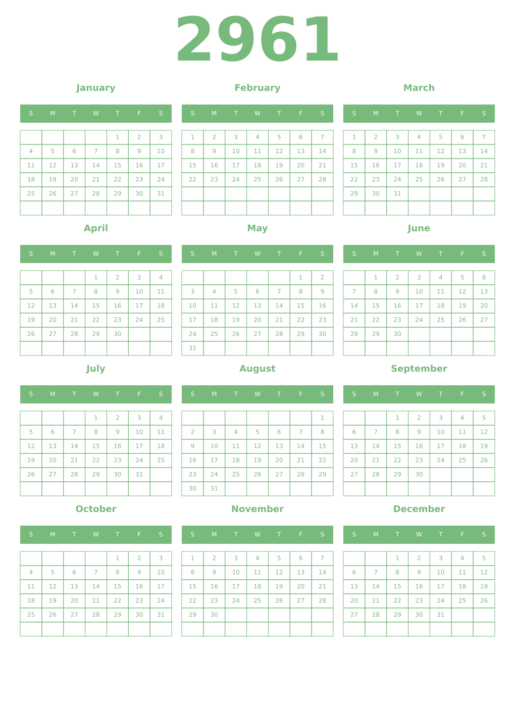Printable 2961 Year Calendars celadon