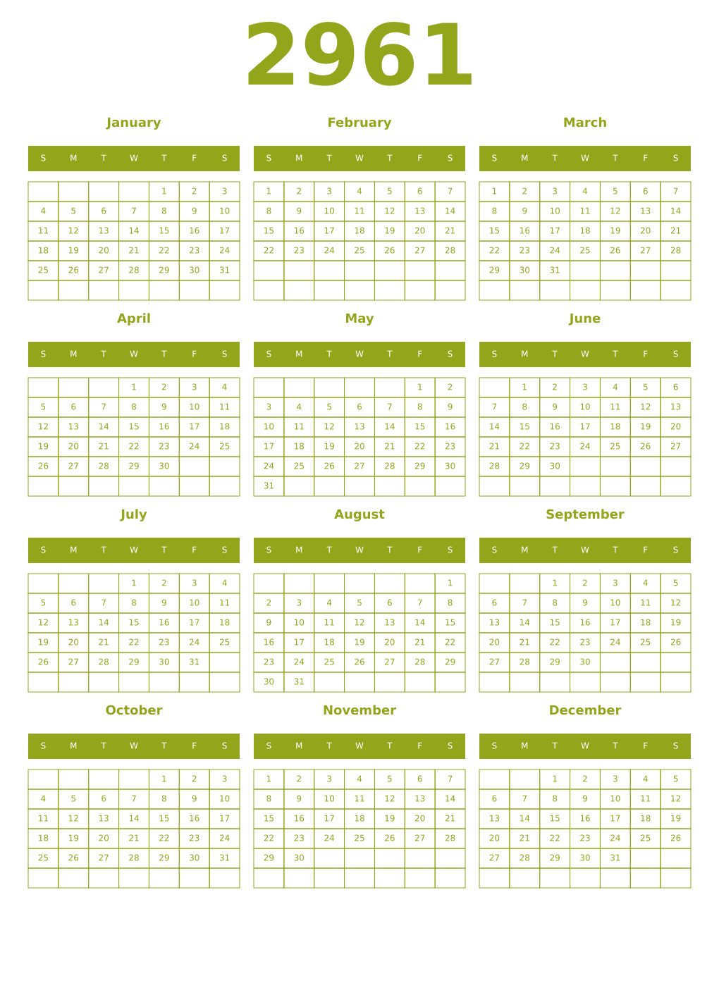 Printable 2961 Year Calendars chartreuse