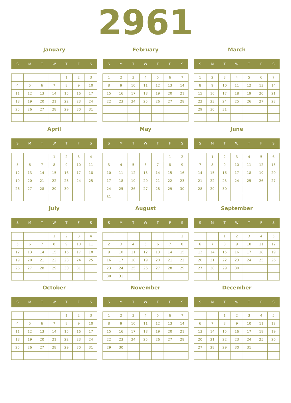 Printable 2961 Year Calendars eburnean