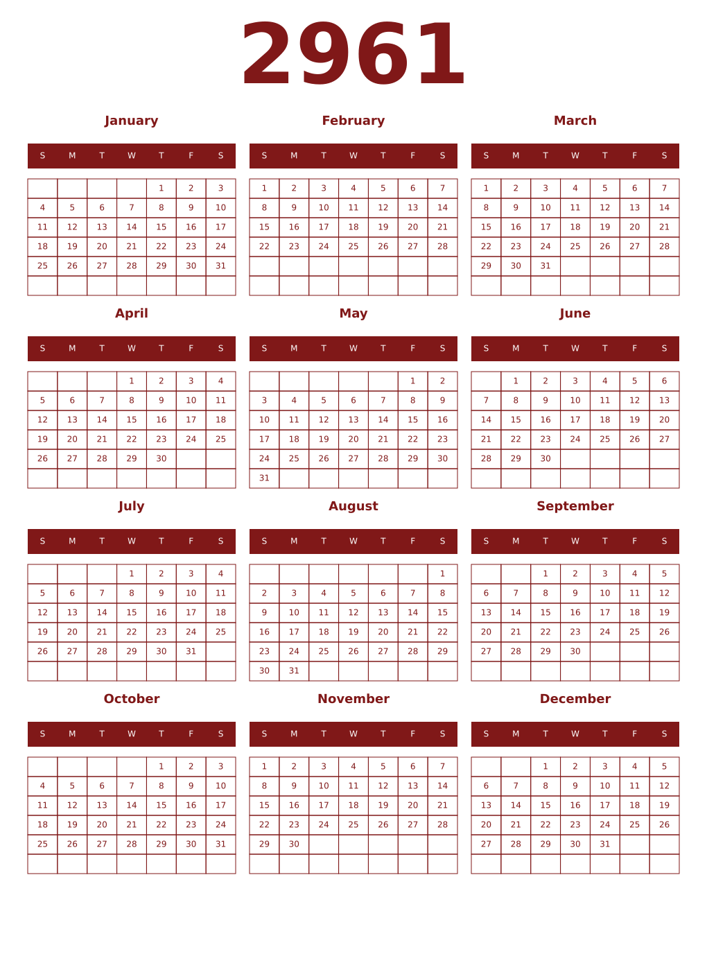 Printable 2961 Year Calendars falu