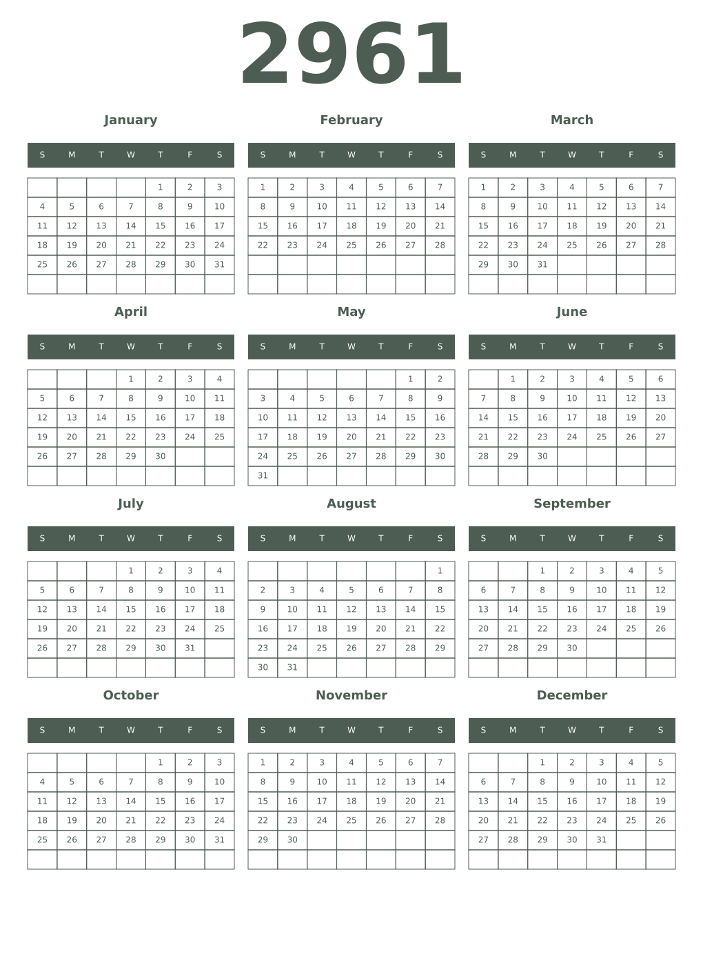 Printable 2961 Year Calendars feldgrau
