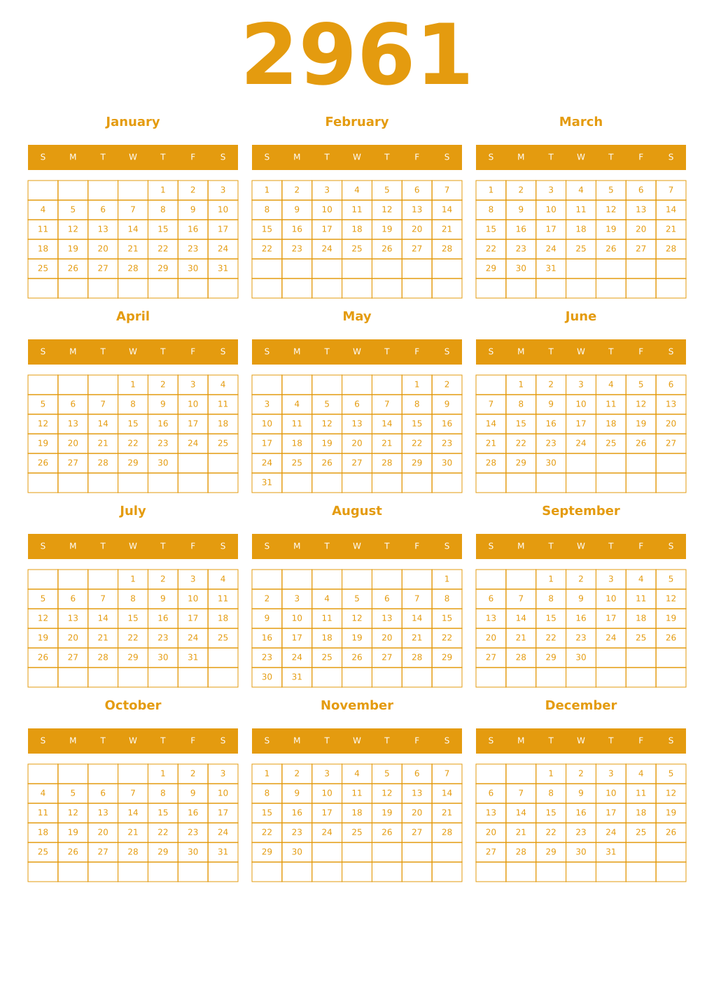 Printable 2961 Year Calendars gamboge