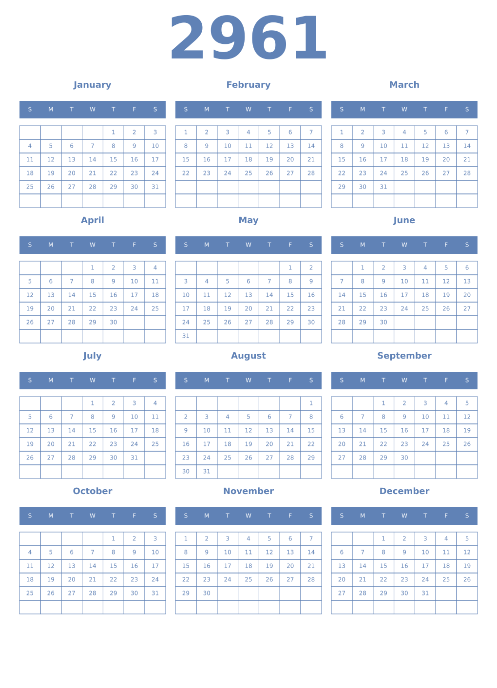 Printable 2961 Year Calendars glaucous