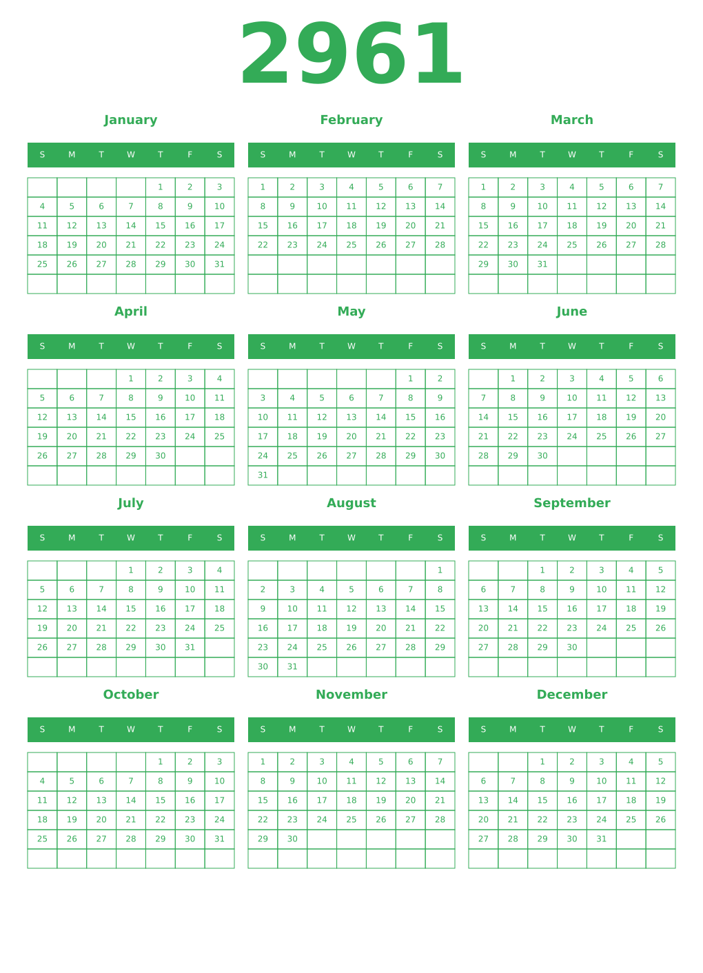 Printable 2961 Year Calendars green