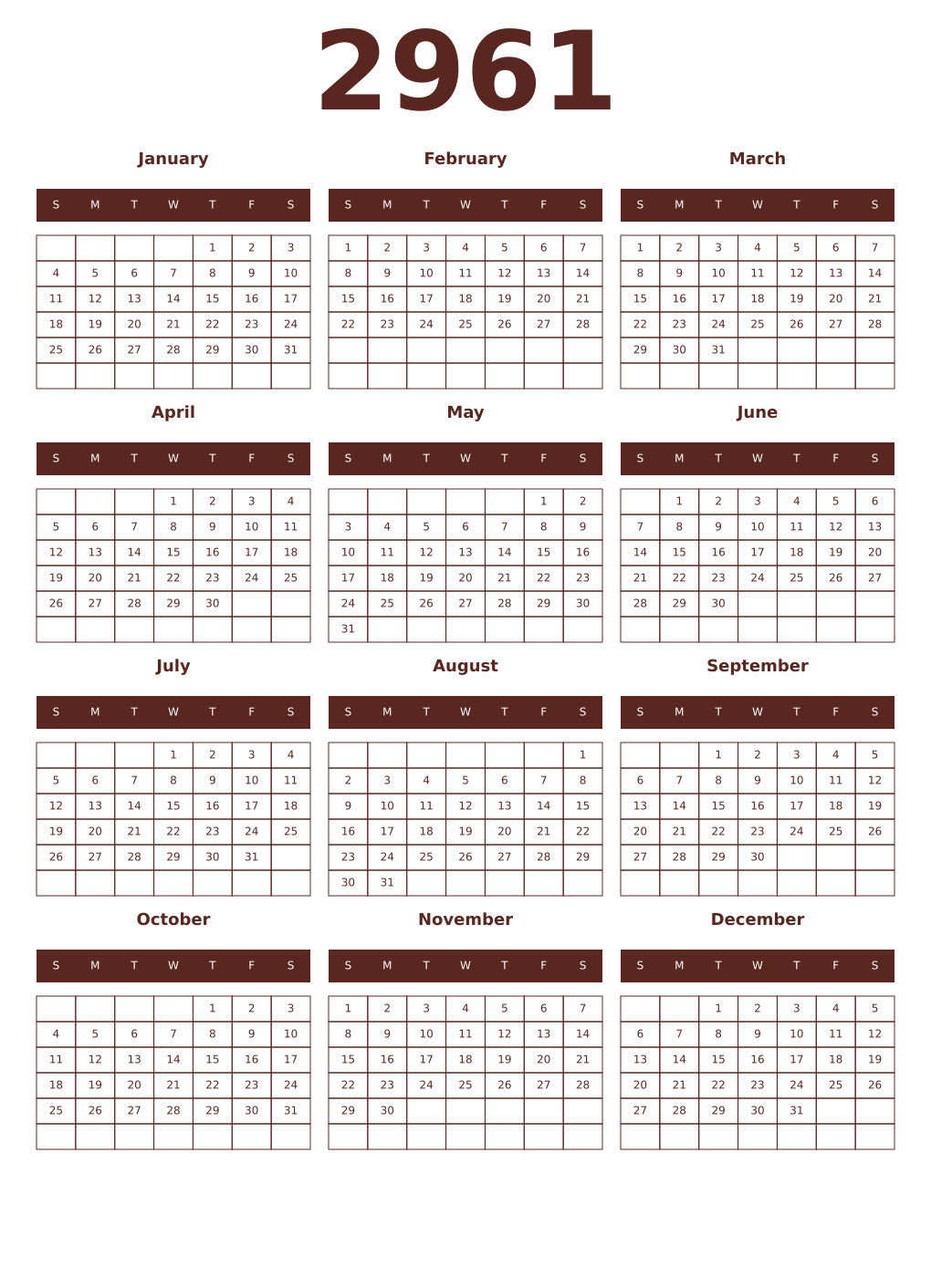 Printable 2961 Year Calendars mortuum