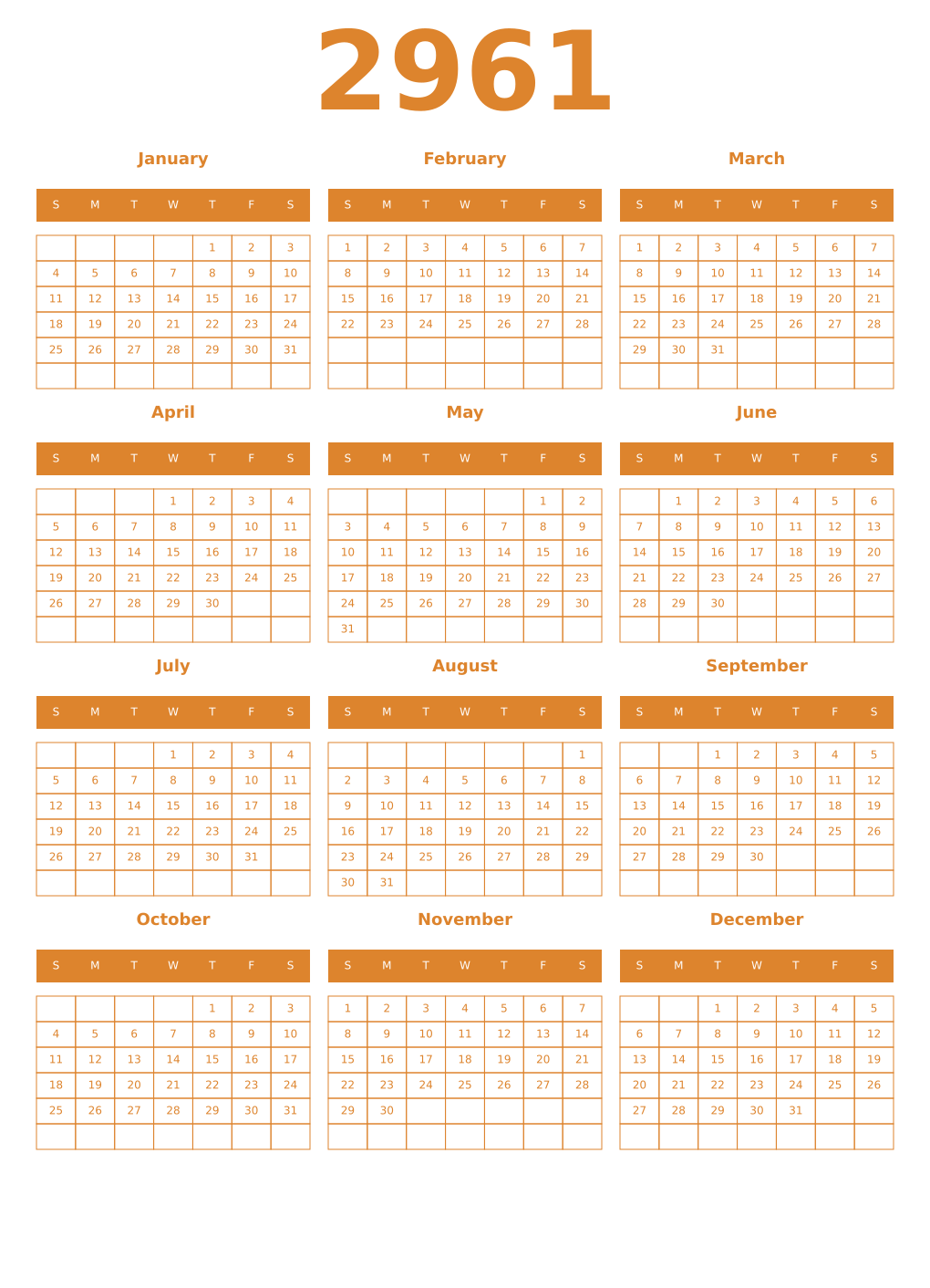 Printable 2961 Year Calendars orange