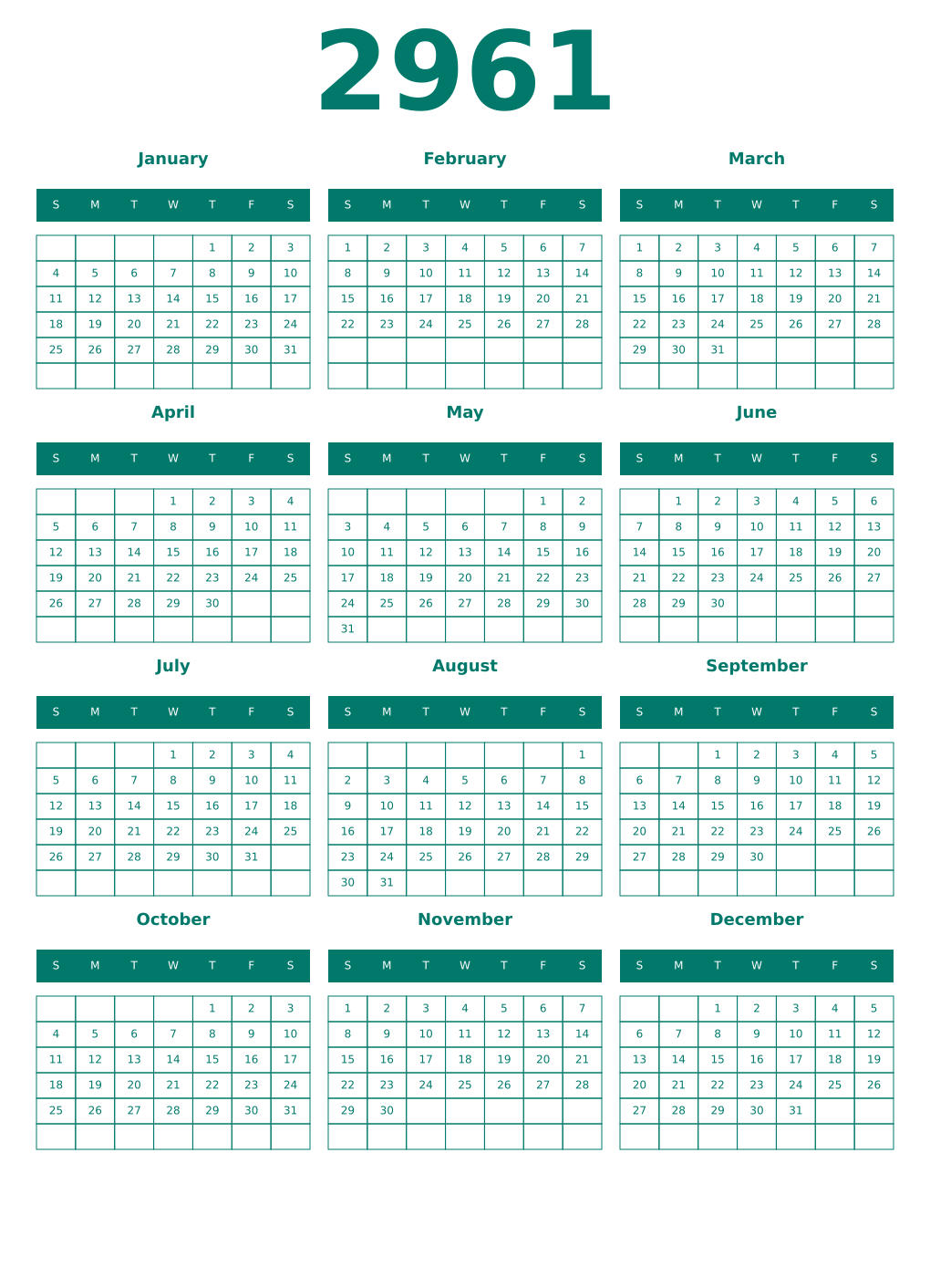 Printable 2961 Year Calendars pastel