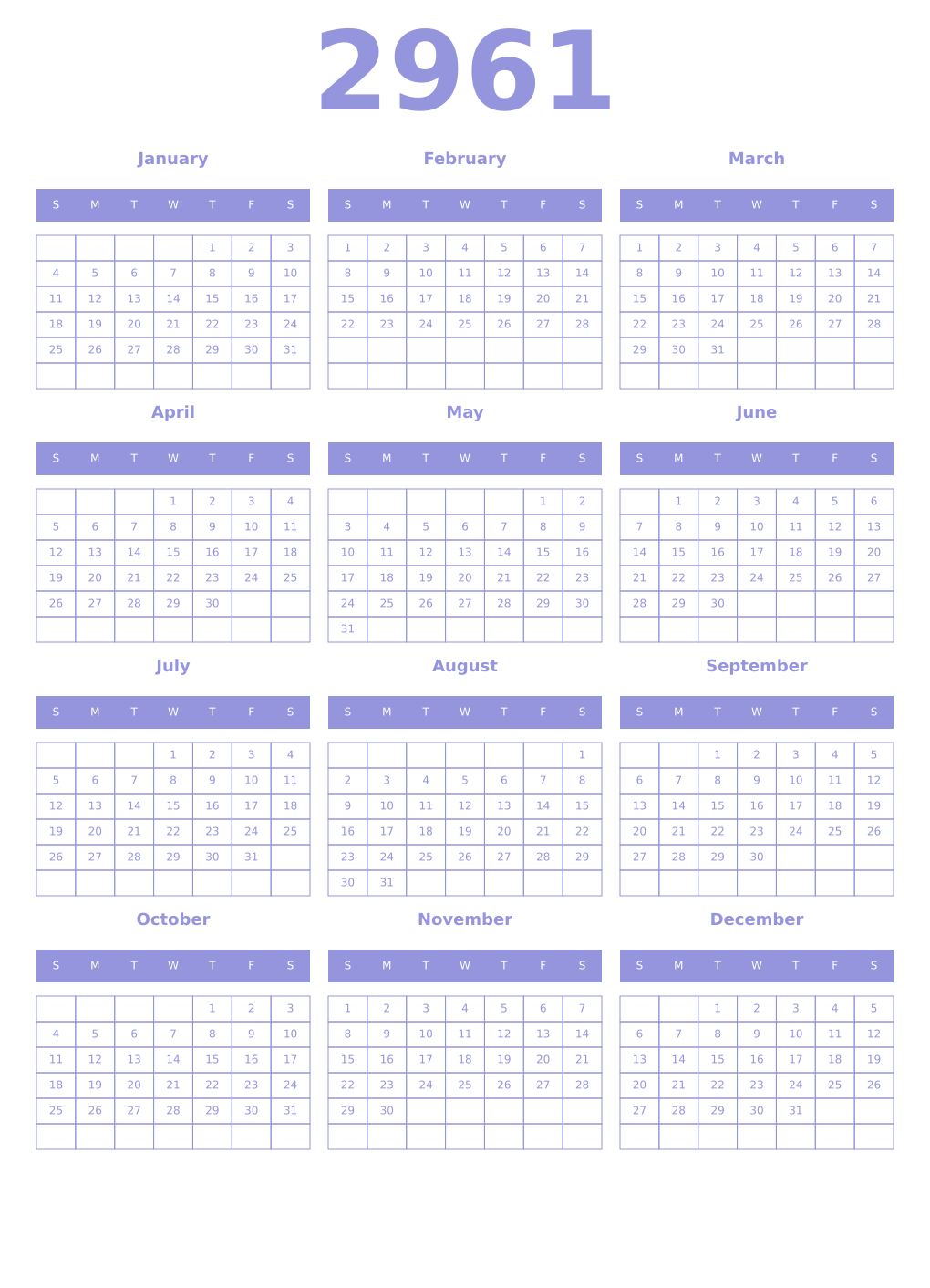 Printable 2961 Year Calendars periwinkle