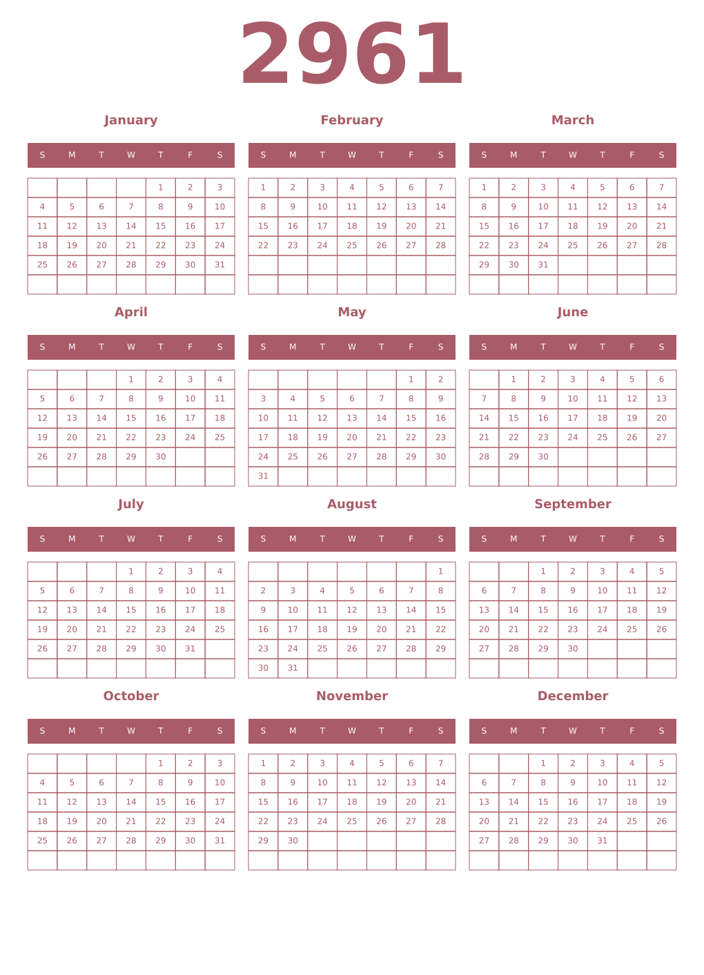 Printable 2961 Year Calendars puce