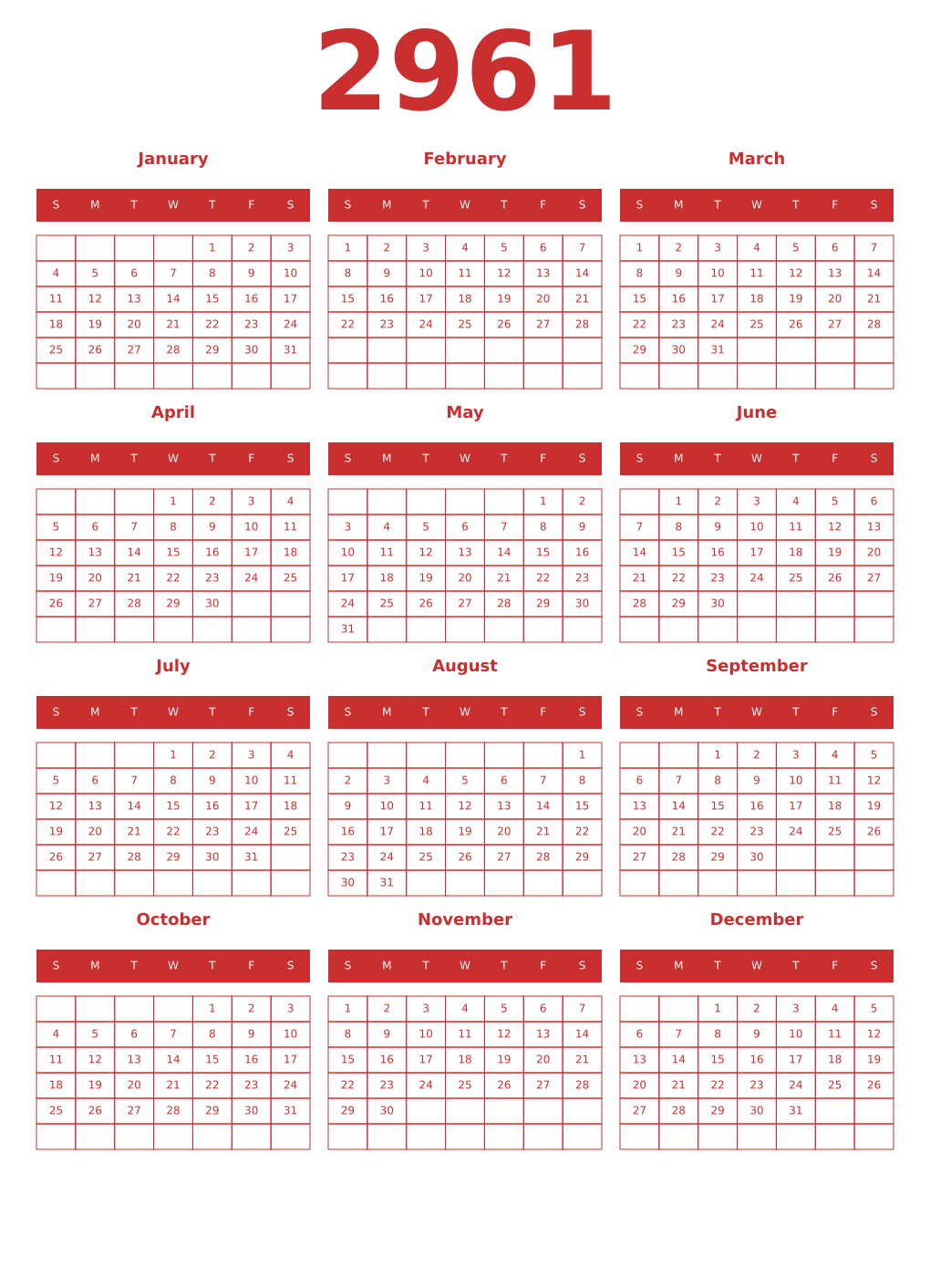 Printable 2961 Year Calendars red