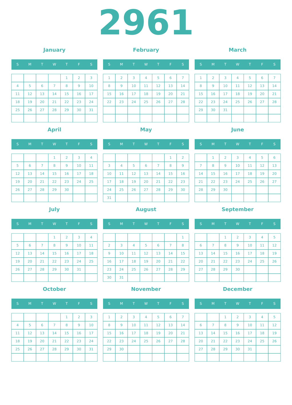 Printable 2961 Year Calendars verdigris