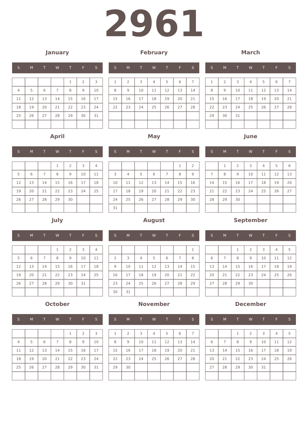 Printable 2961 Year Calendars wenge