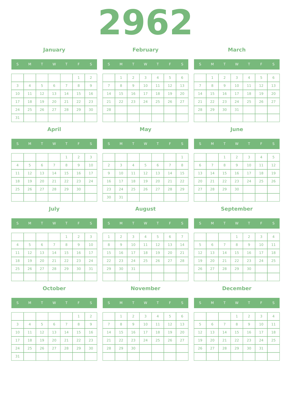 Printable 2962 Year Calendars celadon