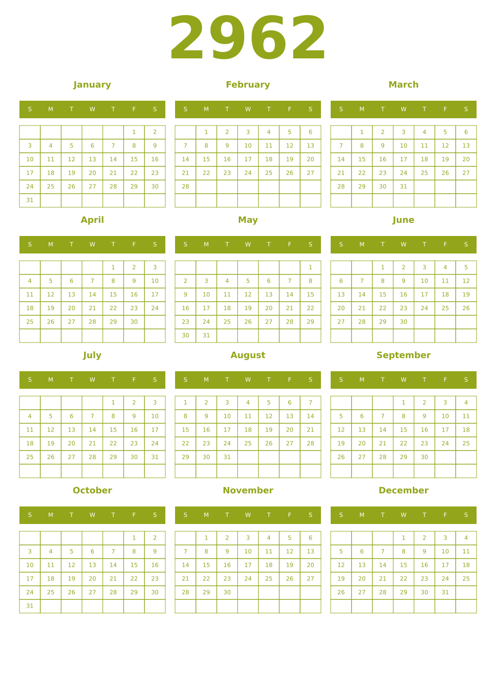 Printable 2962 Year Calendars chartreuse