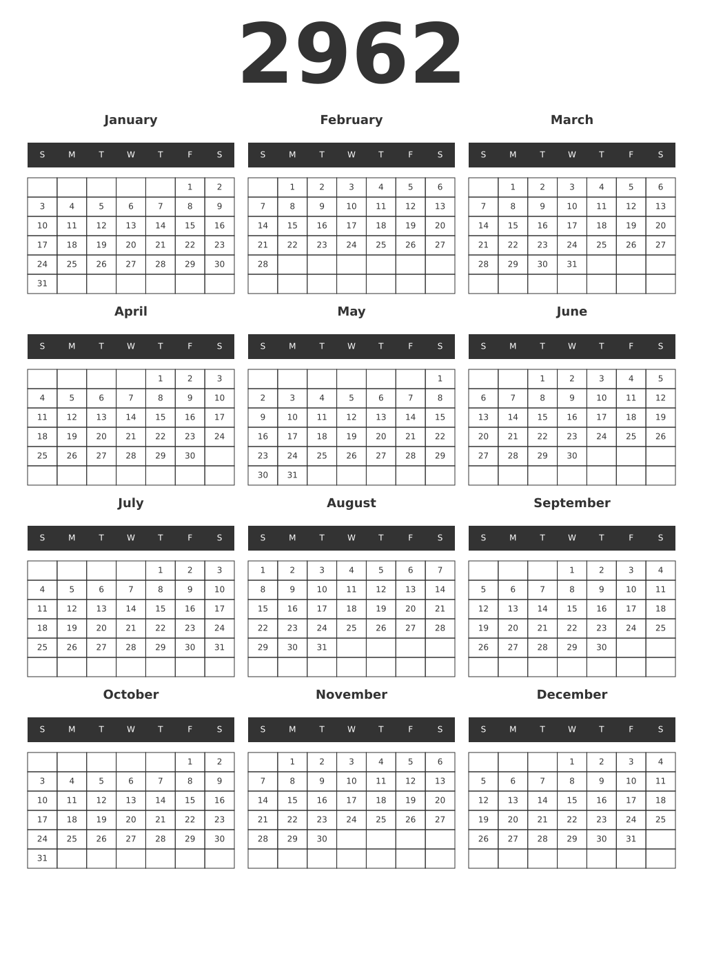 Printable 2962 Year Calendars dark