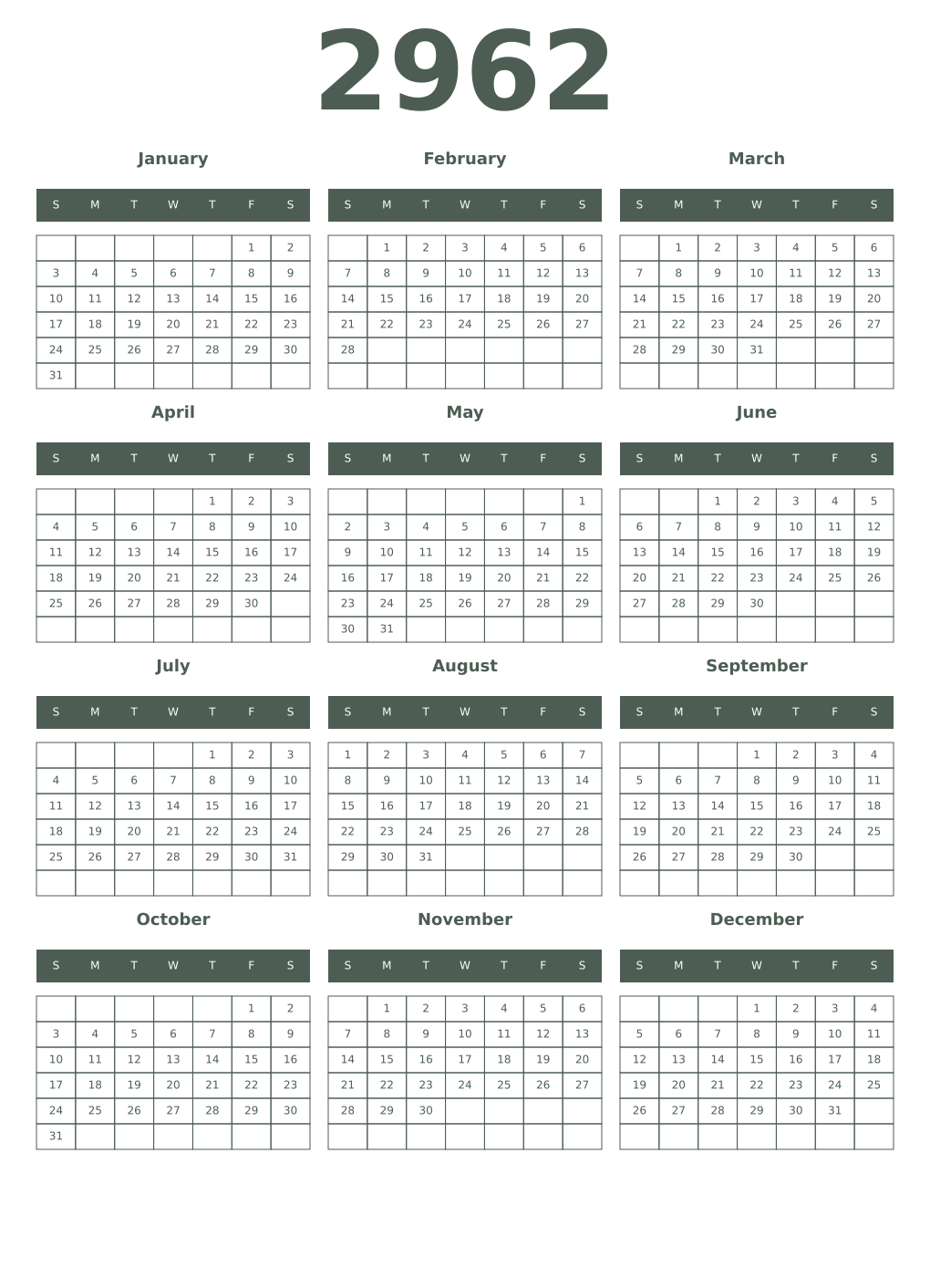 Printable 2962 Year Calendars feldgrau