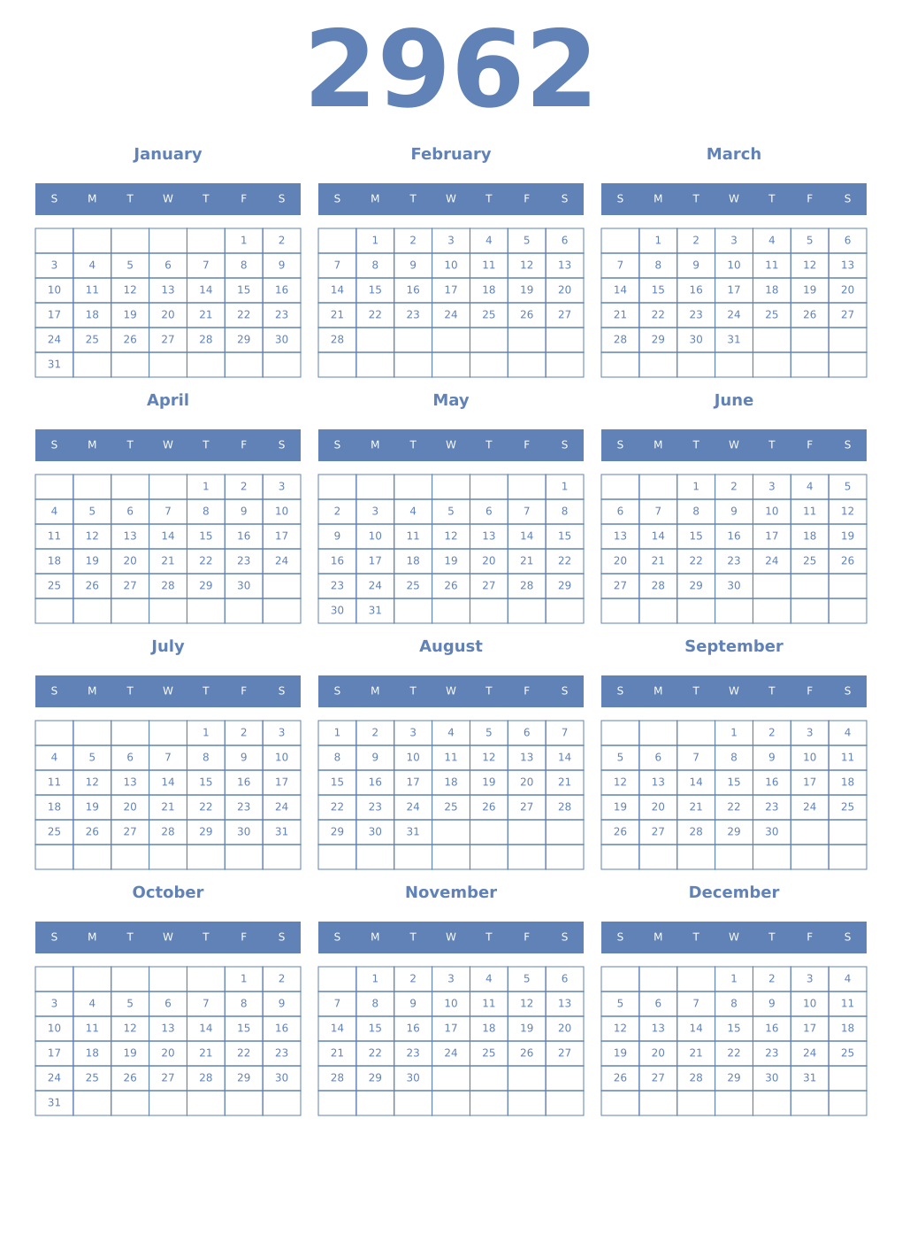 Printable 2962 Year Calendars glaucous