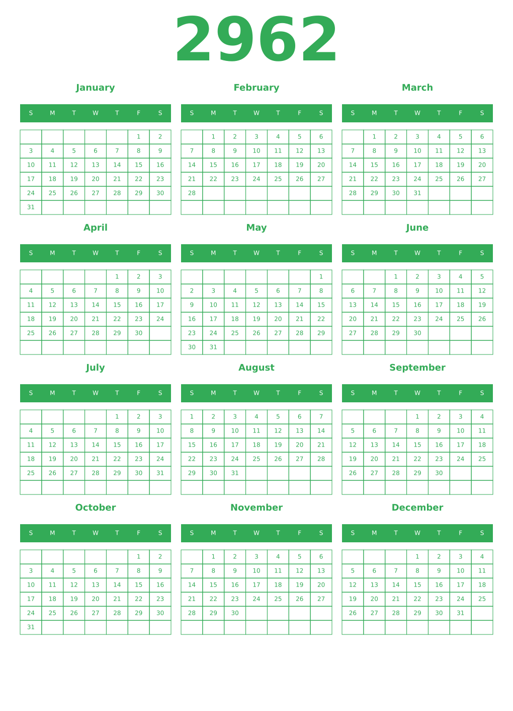 Printable 2962 Year Calendars green