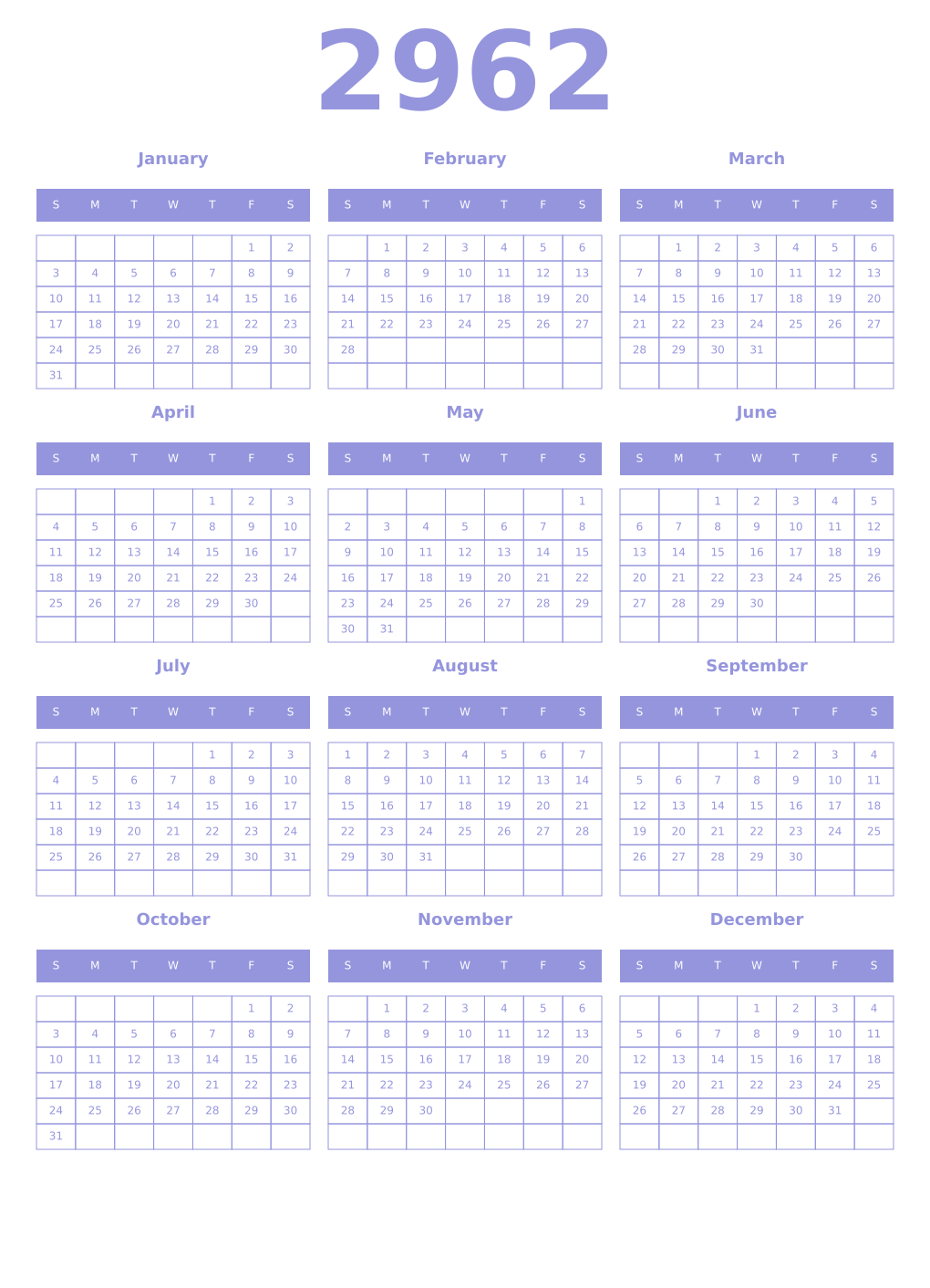 Printable 2962 Year Calendars periwinkle
