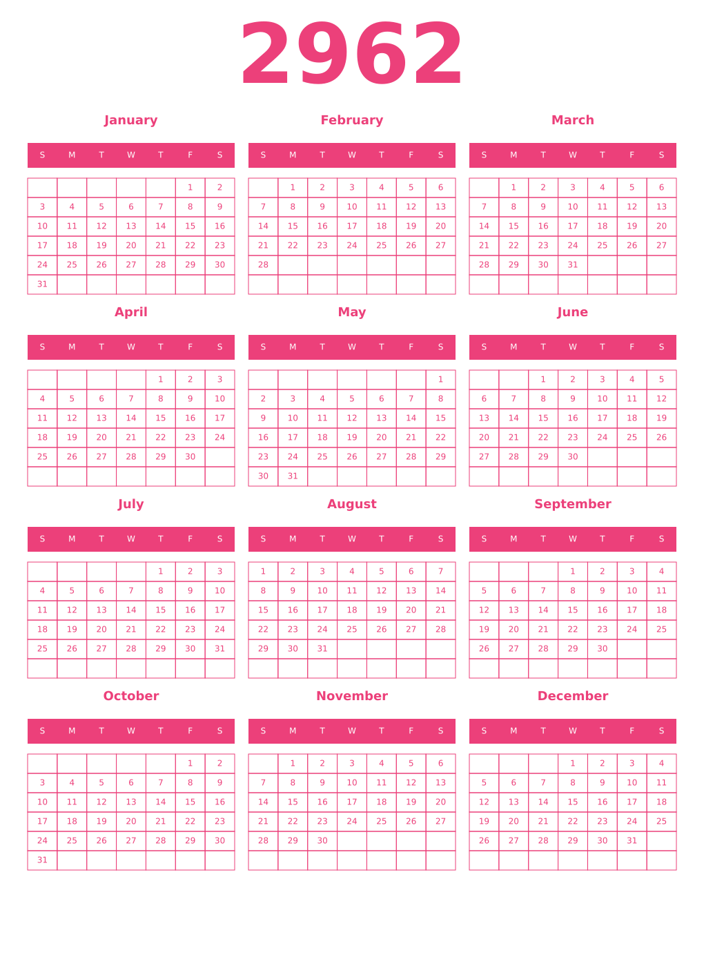 Printable 2962 Year Calendars pink