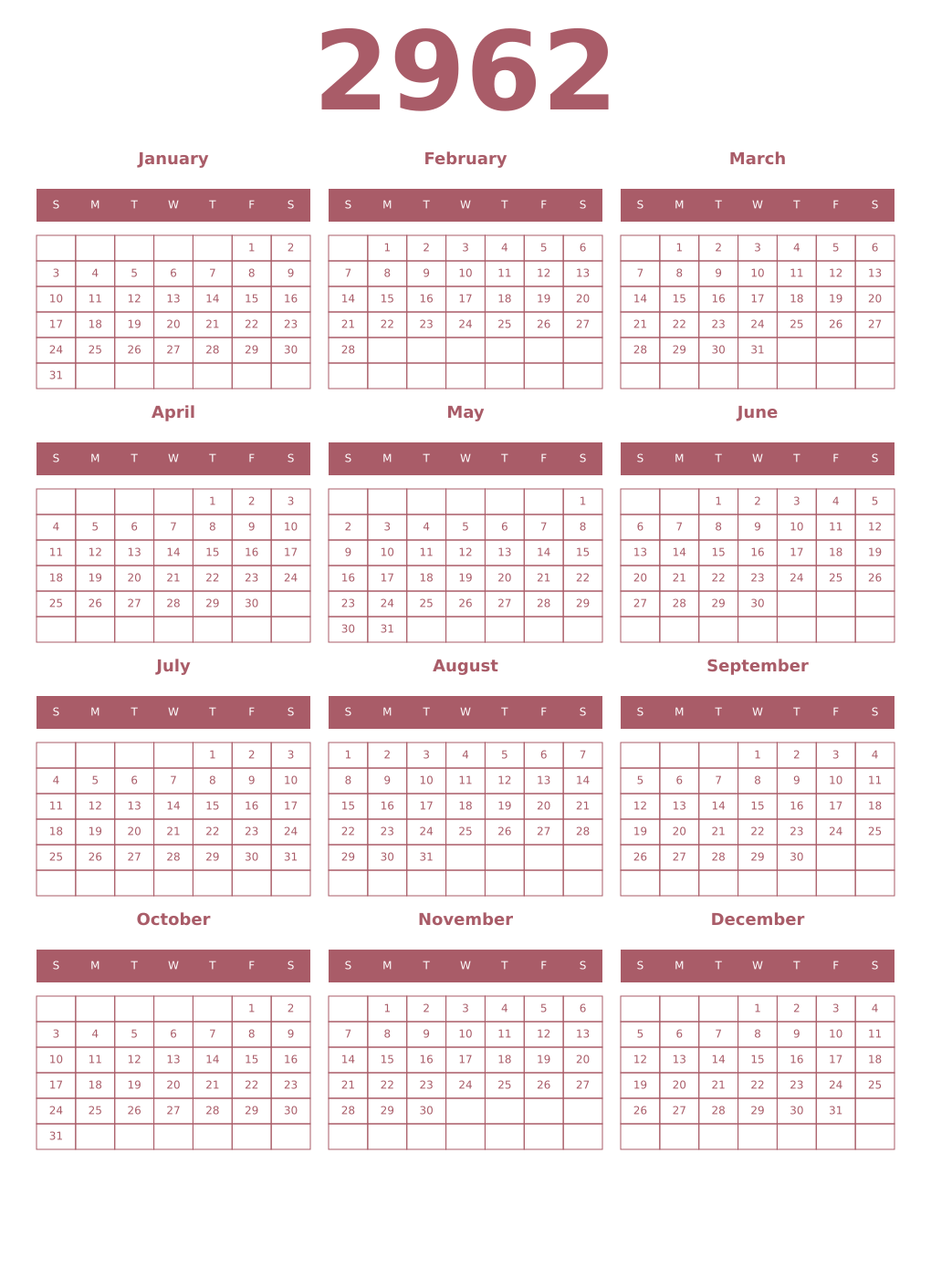 Printable 2962 Year Calendars puce