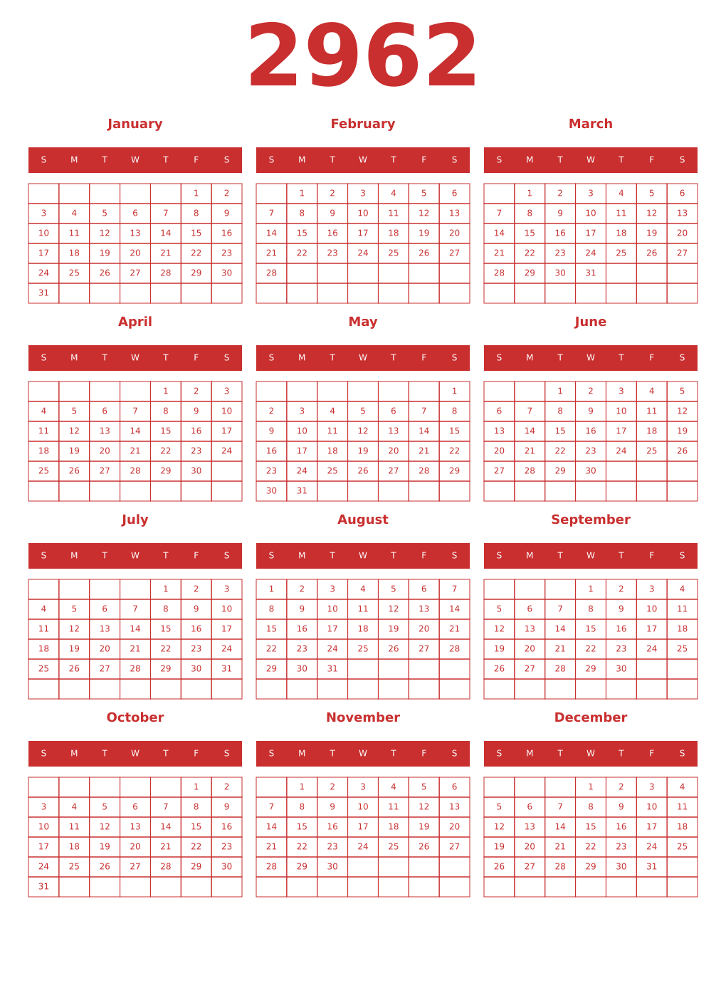 Printable 2962 Year Calendars red