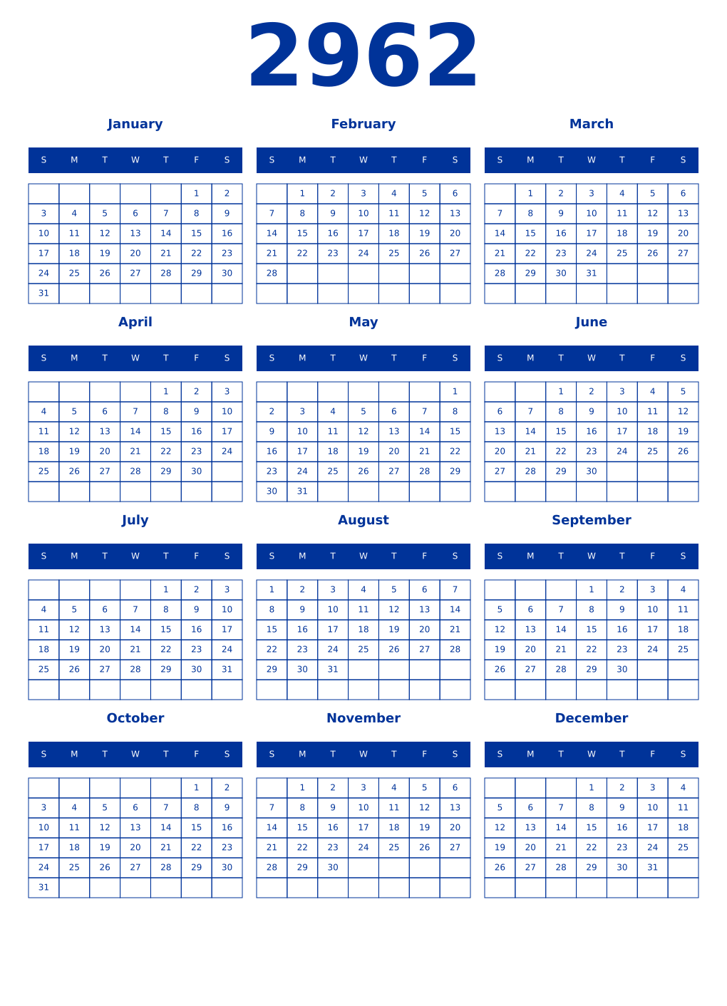Printable 2962 Year Calendars smalt